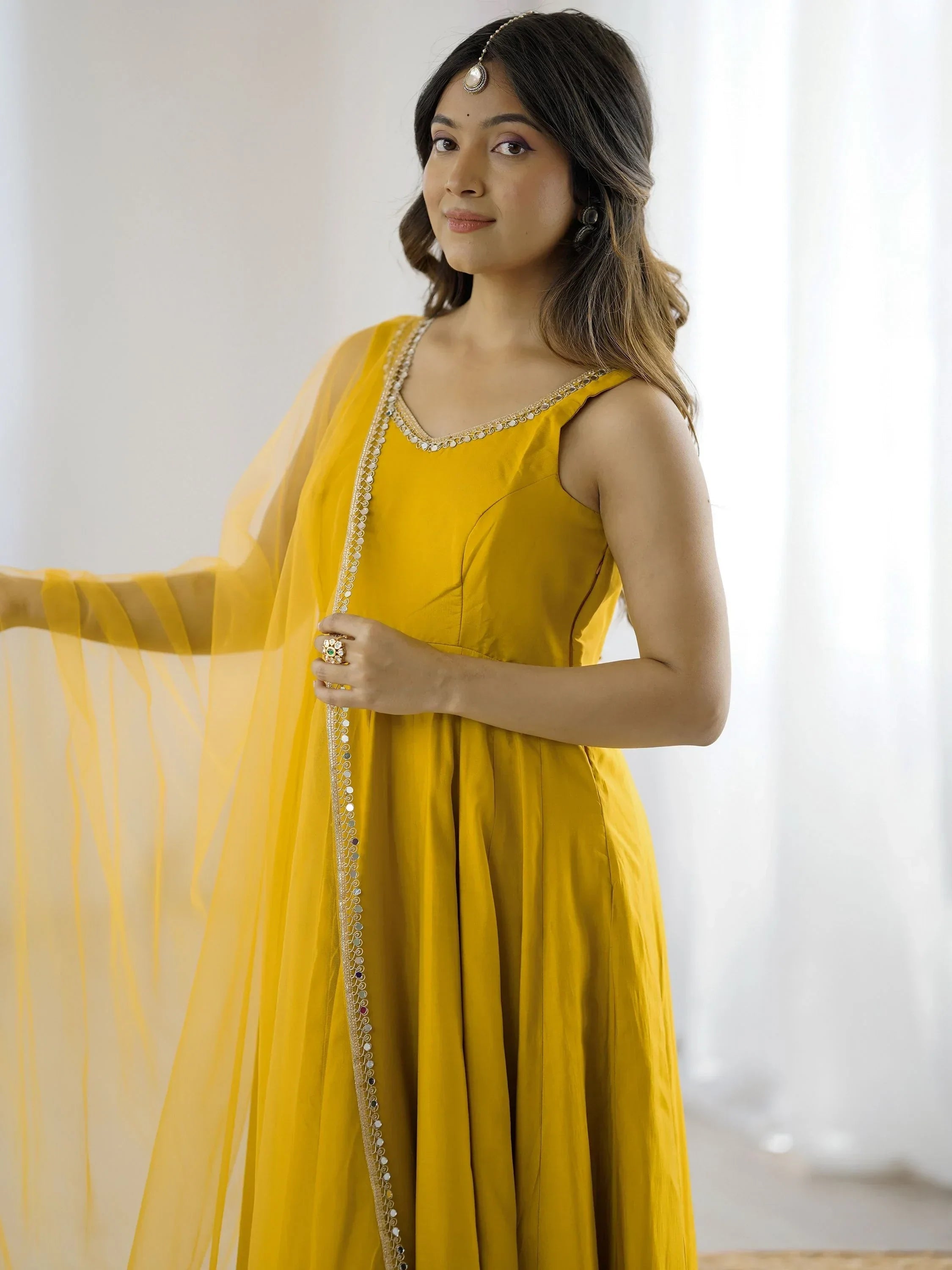 Yellow Mesmerizing Chanderi Silk Lace Work Anarkali Suit