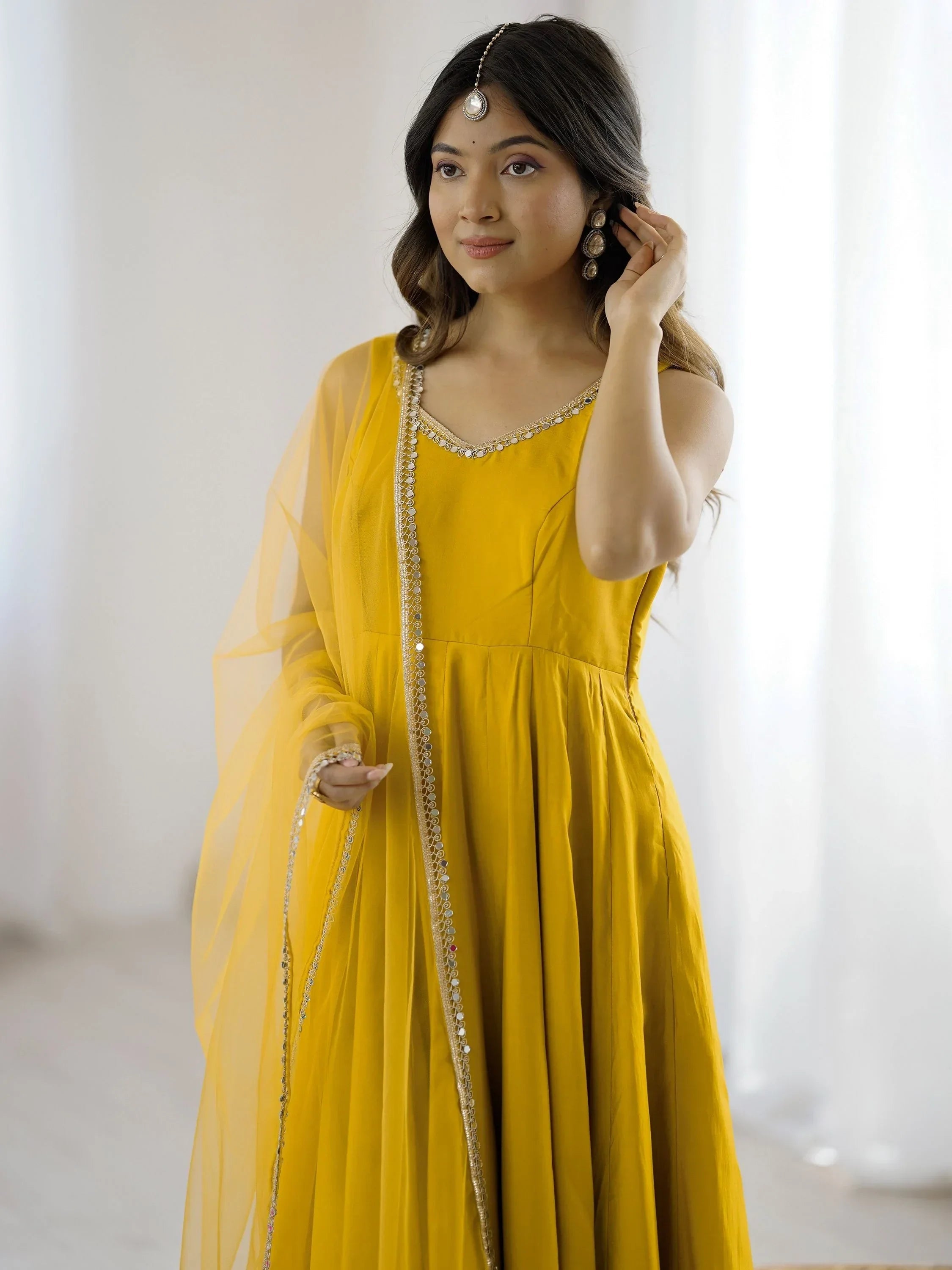 Yellow Mesmerizing Chanderi Silk Lace Work Anarkali Suit