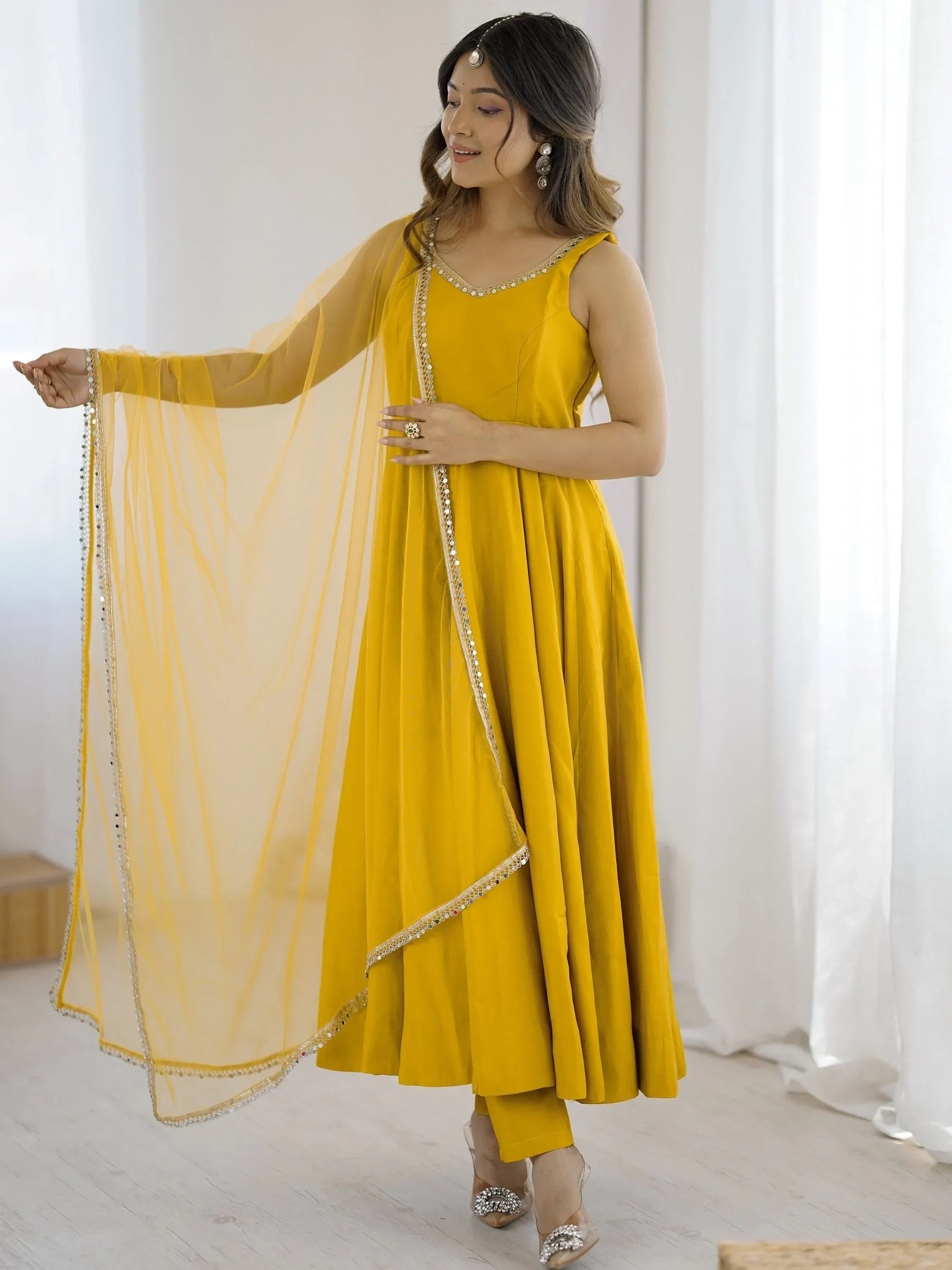 Yellow Mesmerizing Chanderi Silk Lace Work Anarkali Suit