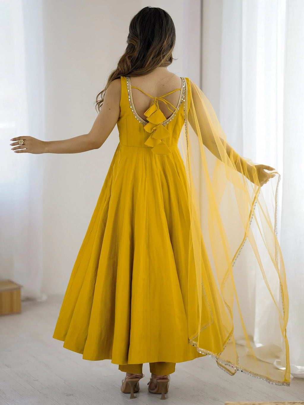 Yellow Mesmerizing Chanderi Silk Lace Work Anarkali Suit