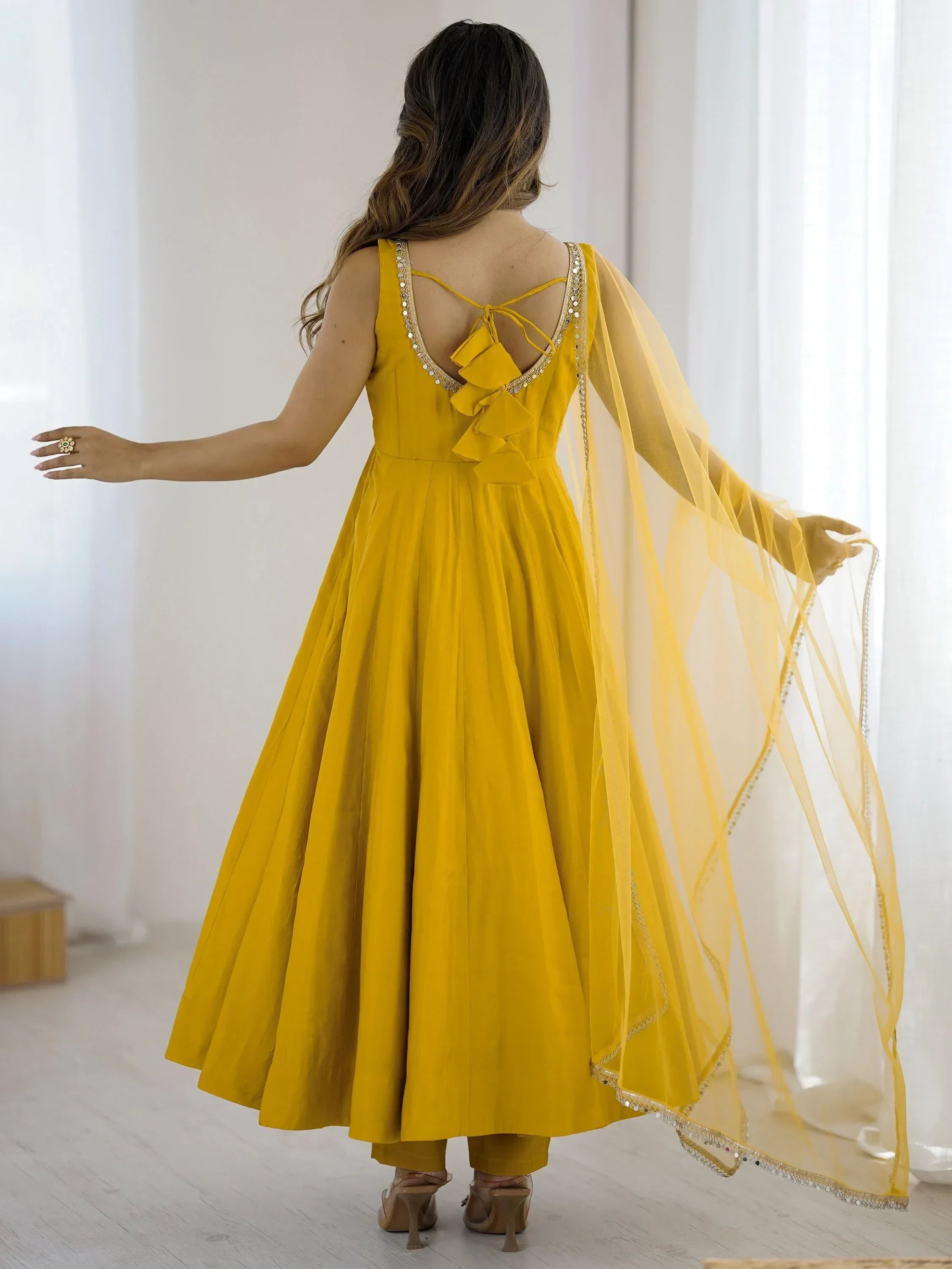 Yellow Mesmerizing Chanderi Silk Lace Work Anarkali Suit