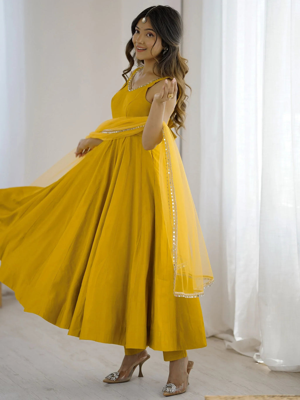 Yellow Mesmerizing Chanderi Silk Lace Work Anarkali Suit