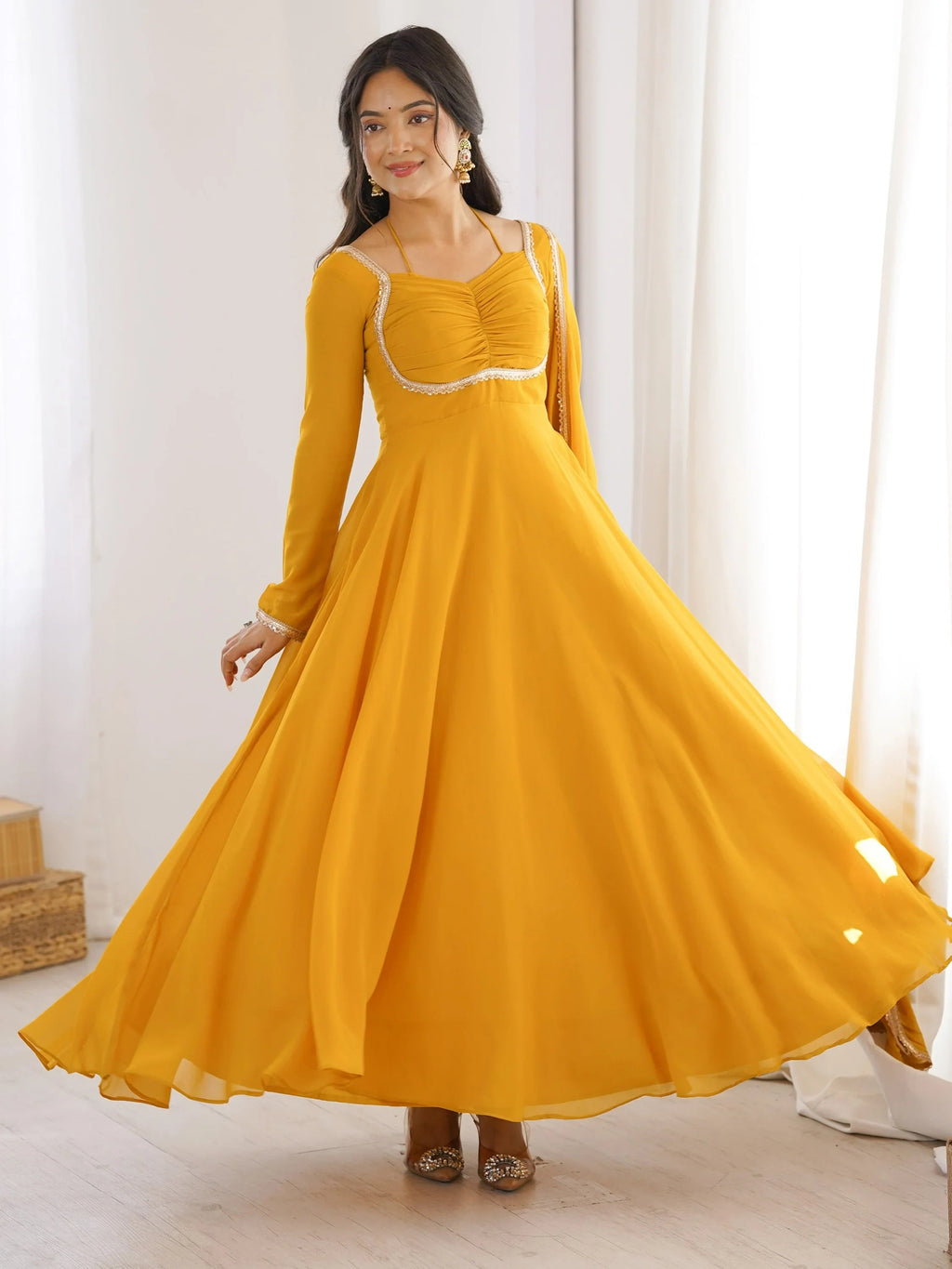 Yellow Dazzling Georgette Festival Wear Gown With Dupatta