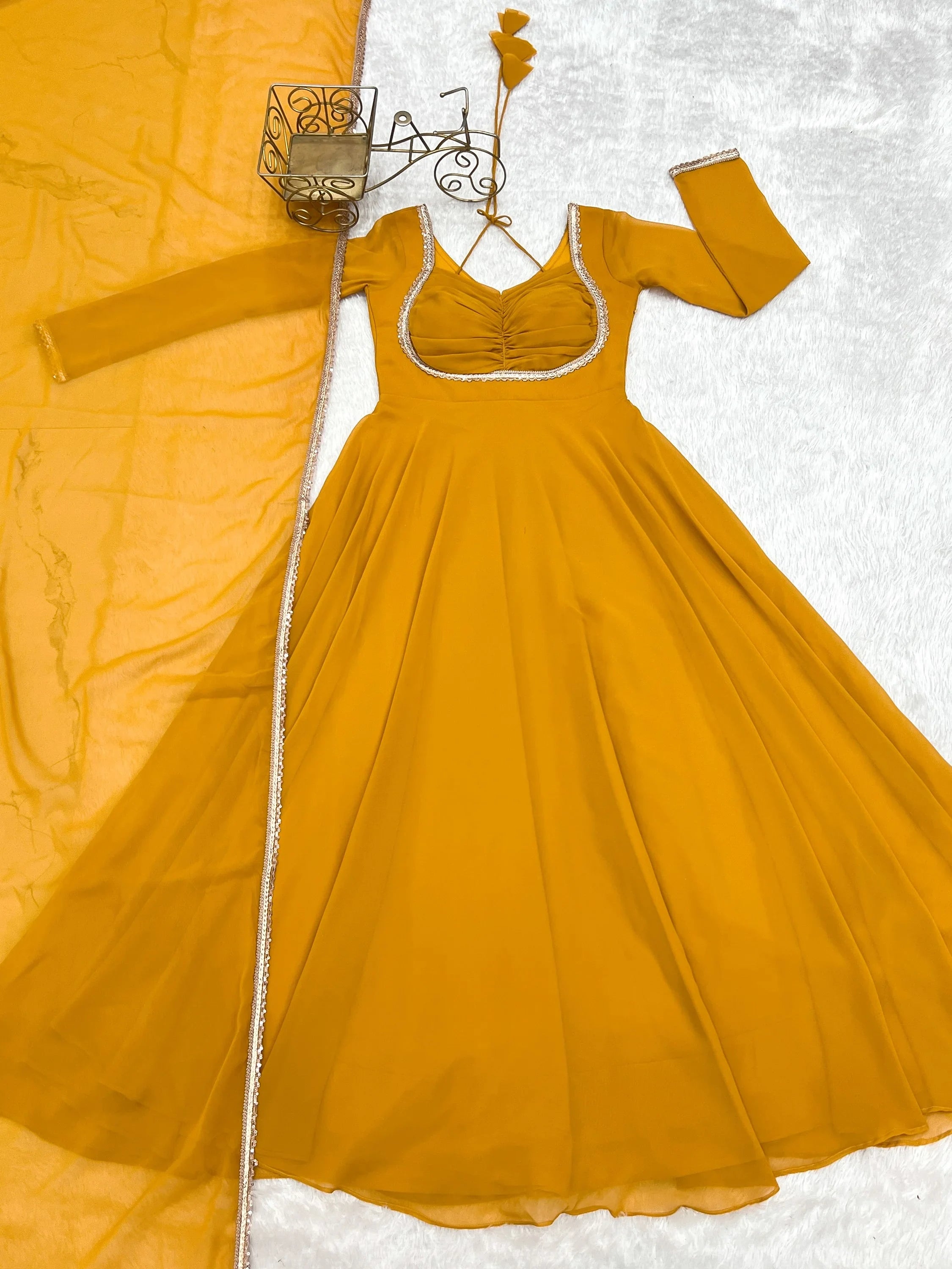 Yellow Dazzling Georgette Festival Wear Gown With Dupatta