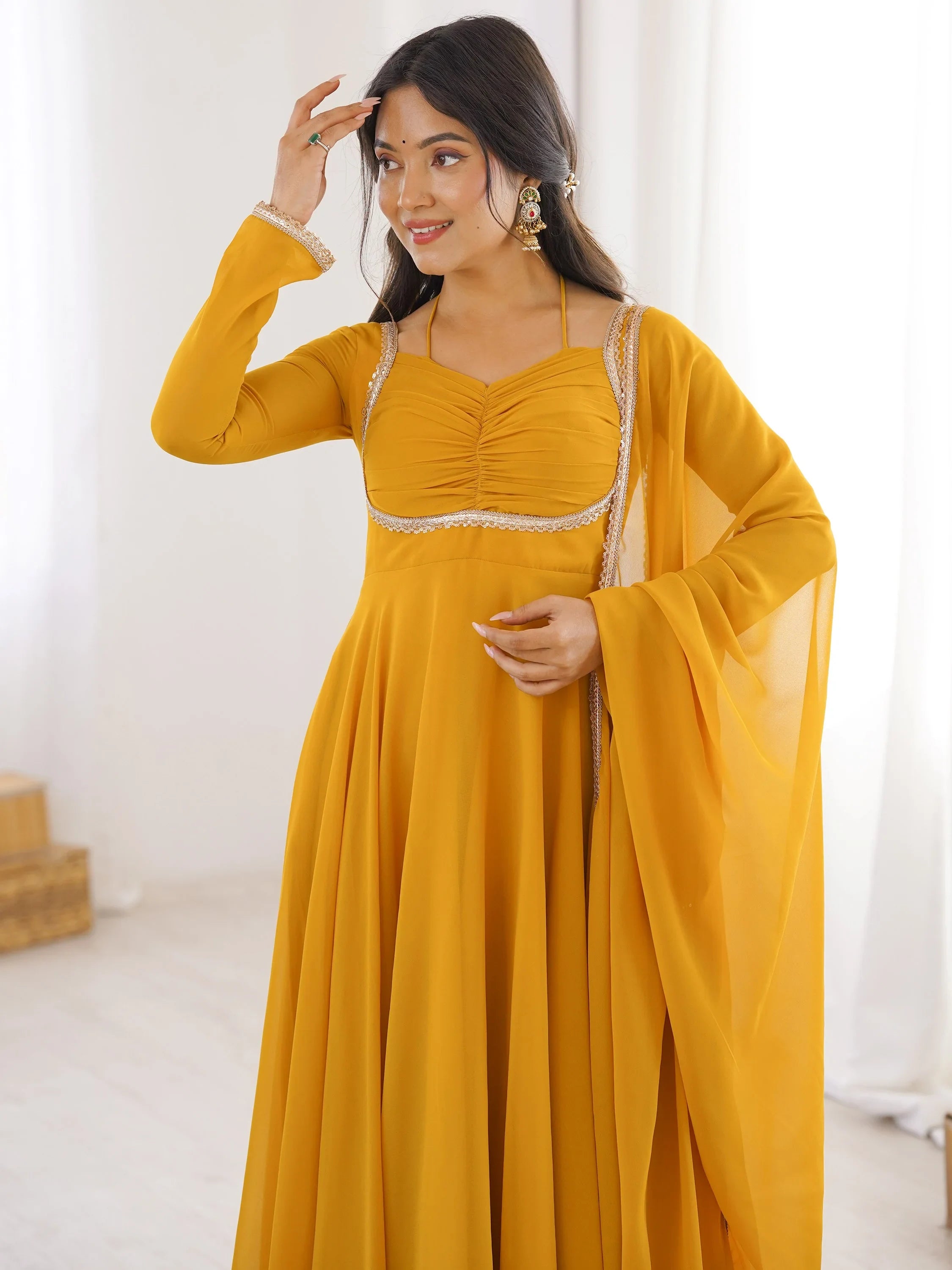 Yellow Dazzling Georgette Festival Wear Gown With Dupatta