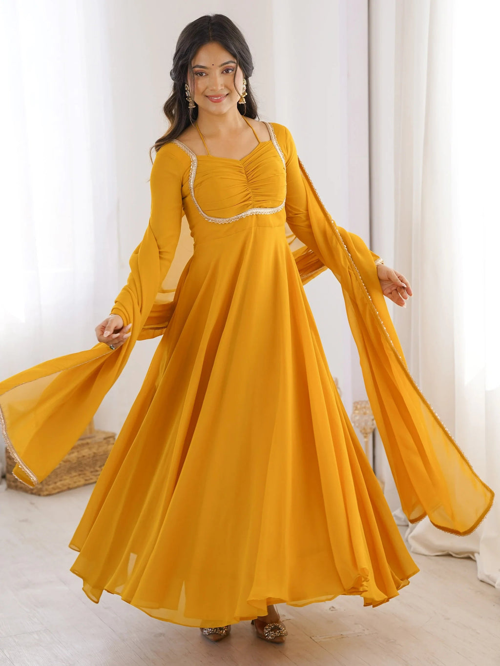 Yellow Dazzling Georgette Festival Wear Gown With Dupatta