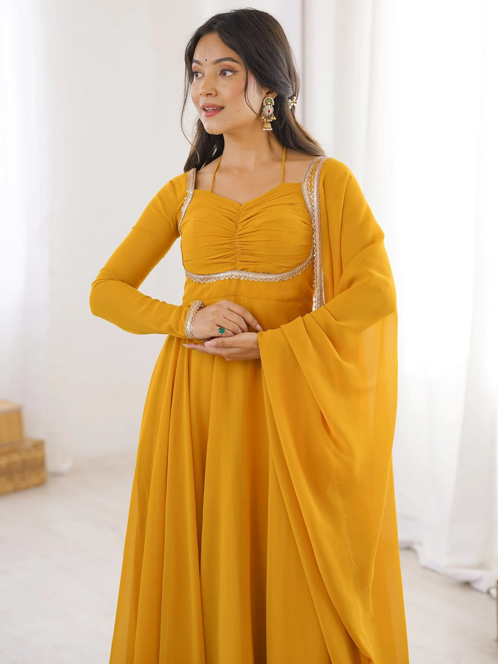 Yellow Dazzling Georgette Festival Wear Gown With Dupatta