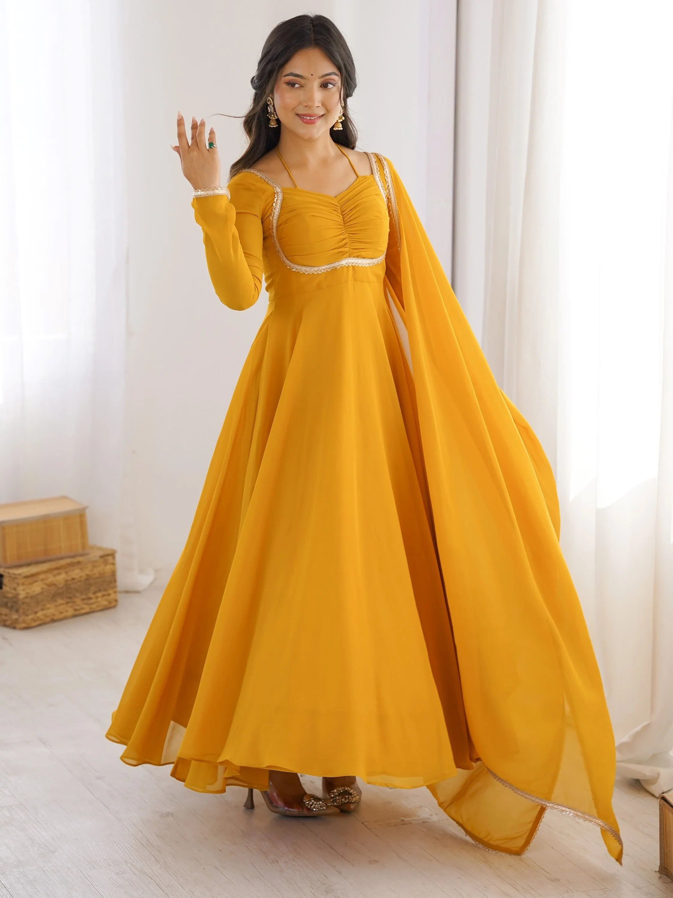 Yellow Dazzling Georgette Festival Wear Gown With Dupatta