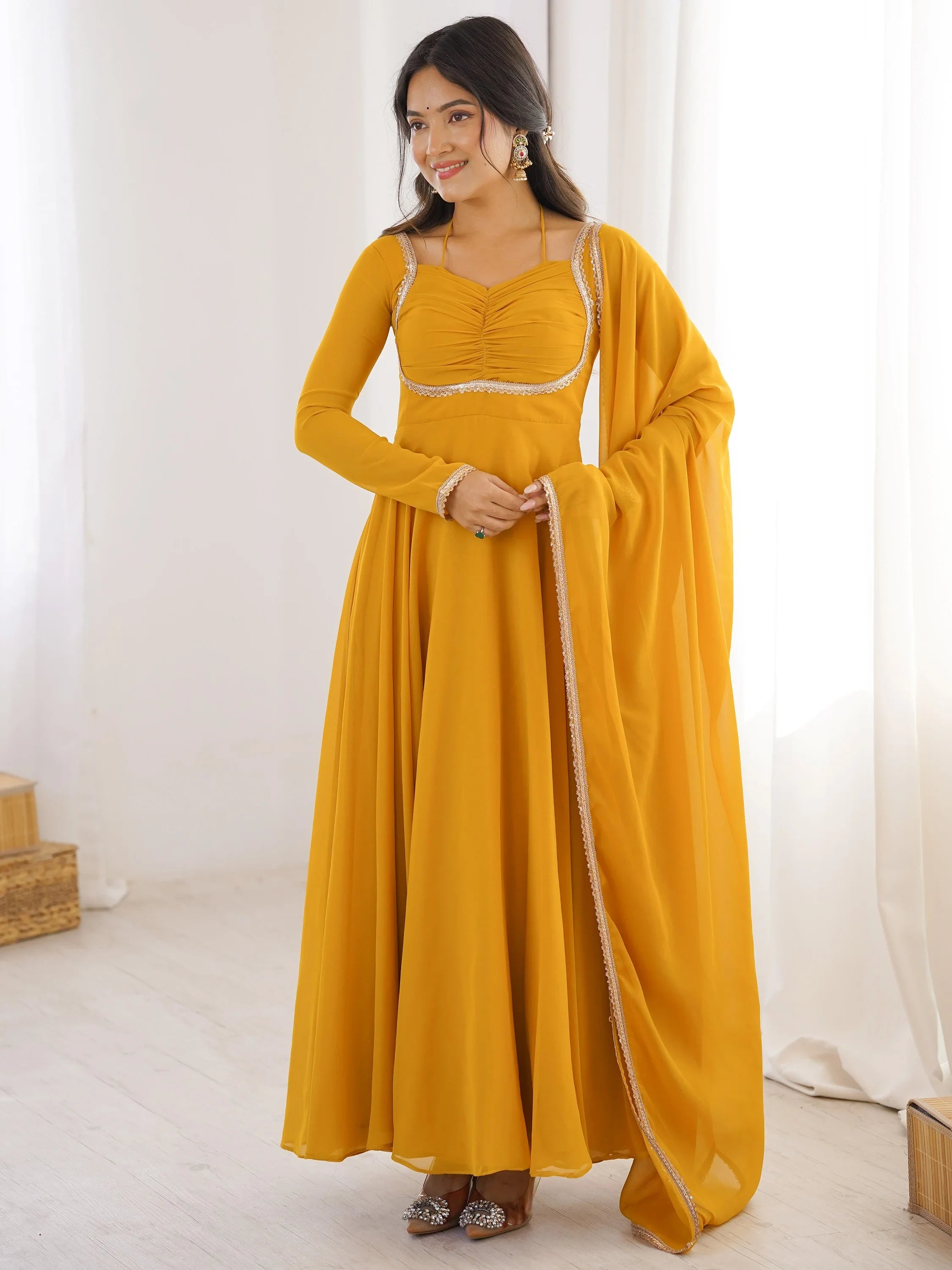 Yellow Dazzling Georgette Festival Wear Gown With Dupatta