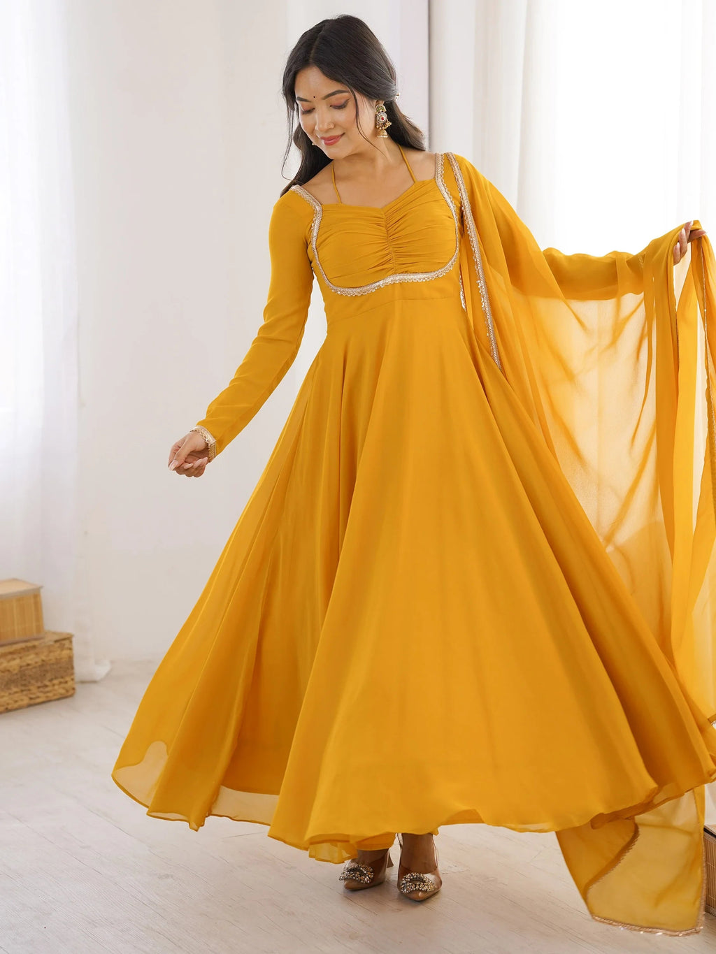 Yellow Dazzling Georgette Festival Wear Gown With Dupatta
