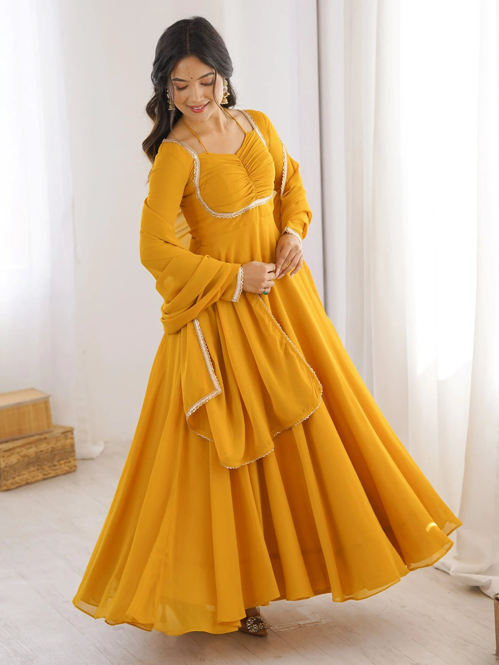Yellow Dazzling Georgette Festival Wear Gown With Dupatta