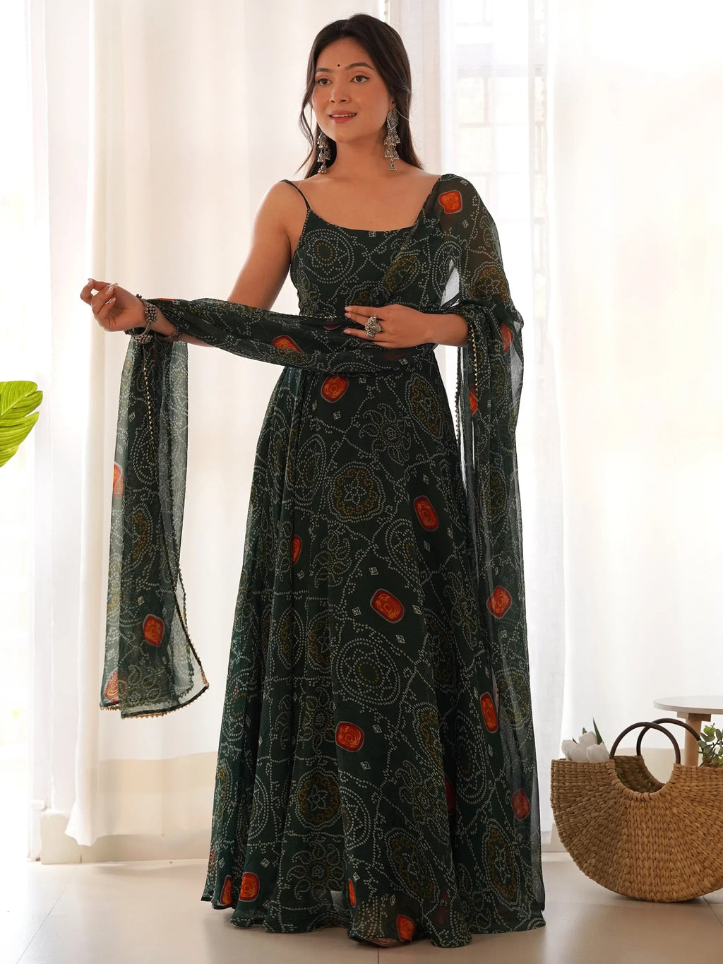 Stunning Green Bandhani Printed Chiffon Mehendi Wear Gown