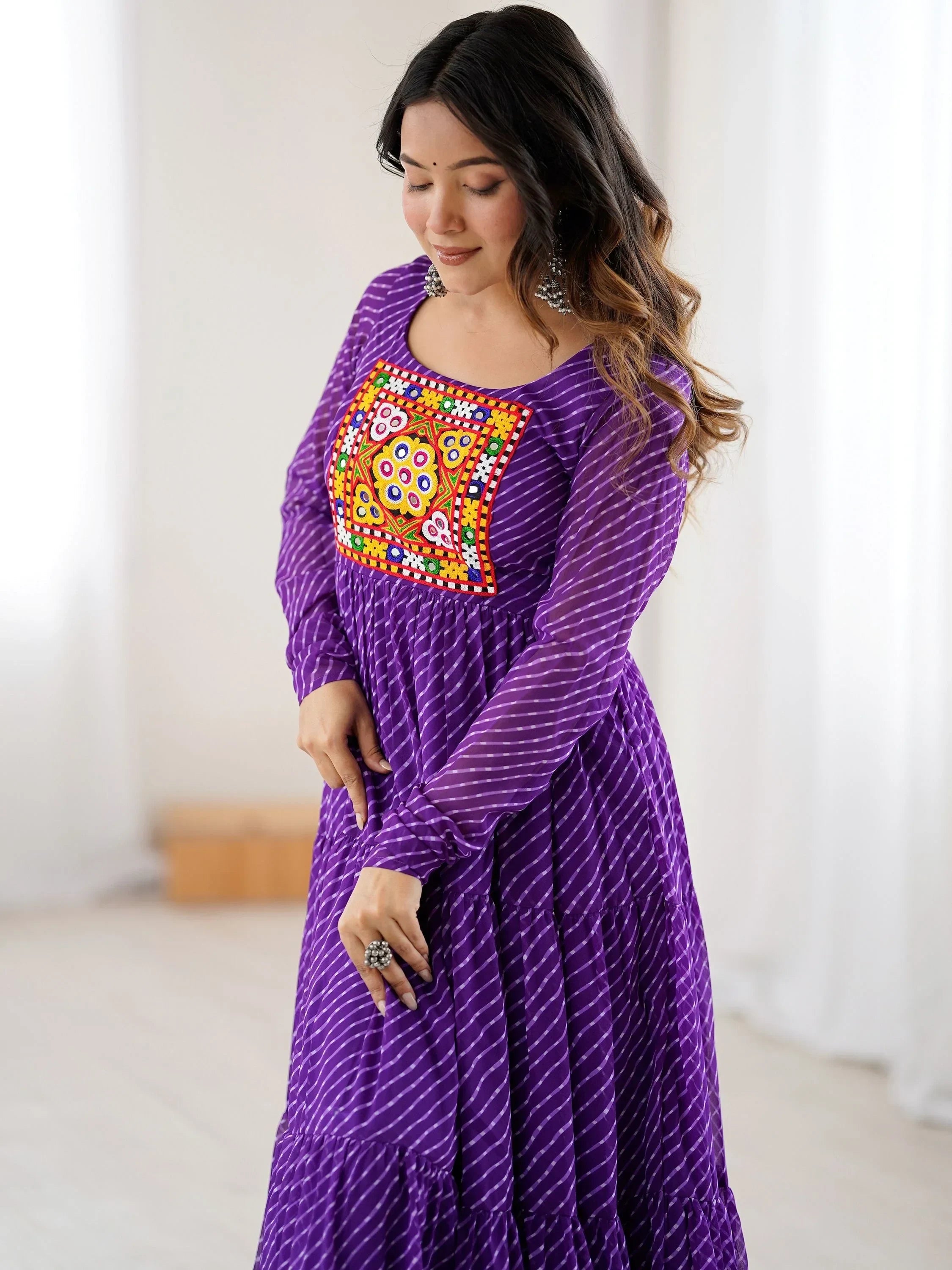 Amazing Purple Laheriya Printed Georgette Navratri Special Gown