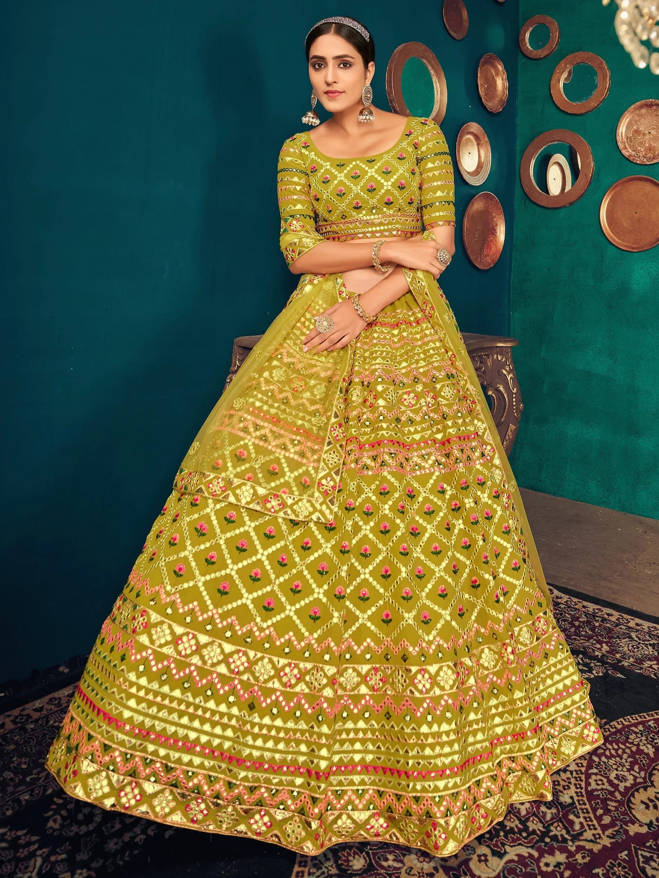 Lime Green Gotta Work Georgette Wedding Lehenga Choli