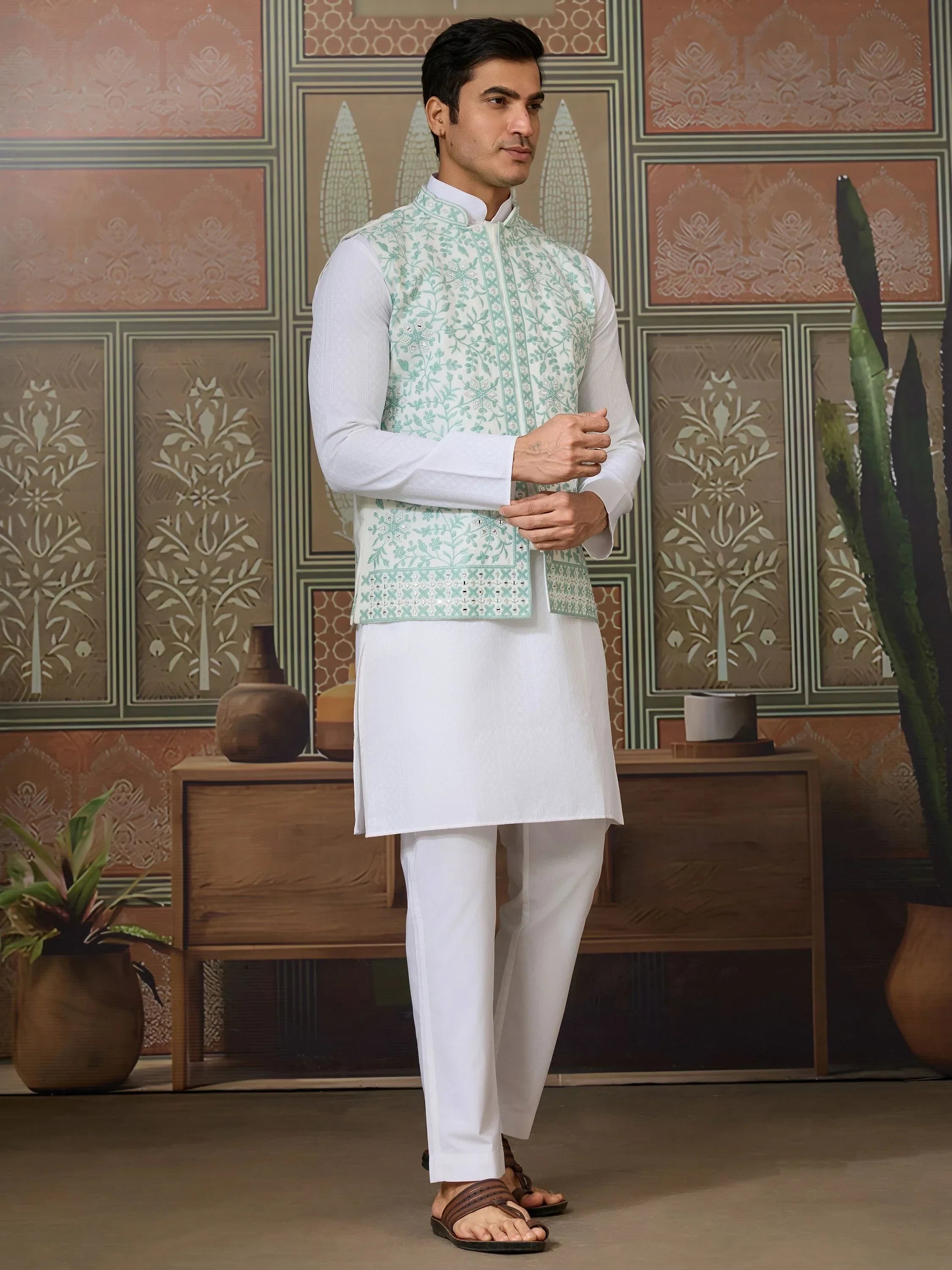 Charming White Thread Work Silk Function Wear Men Kurta With Pant And Jacket