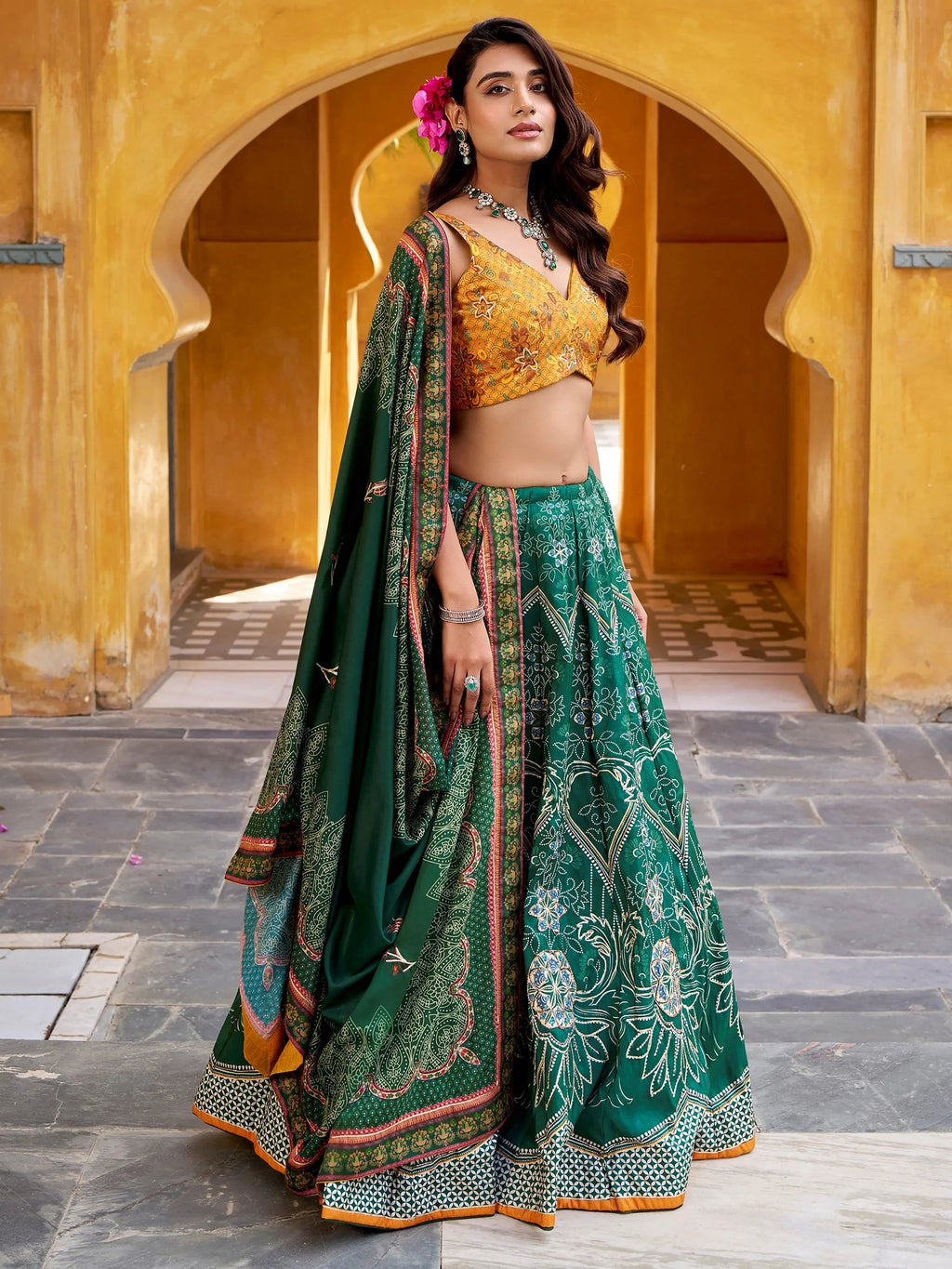 Bottle Green Stunning Digital Printed Silk Traditional Lehenga Choli