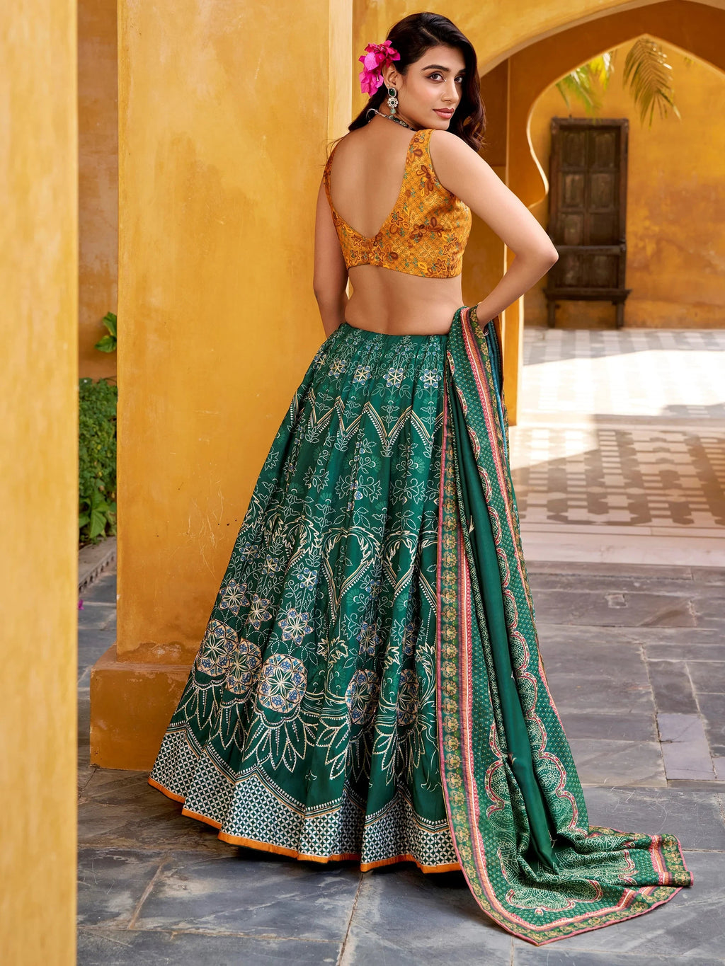 Bottle Green Stunning Digital Printed Silk Traditional Lehenga Choli