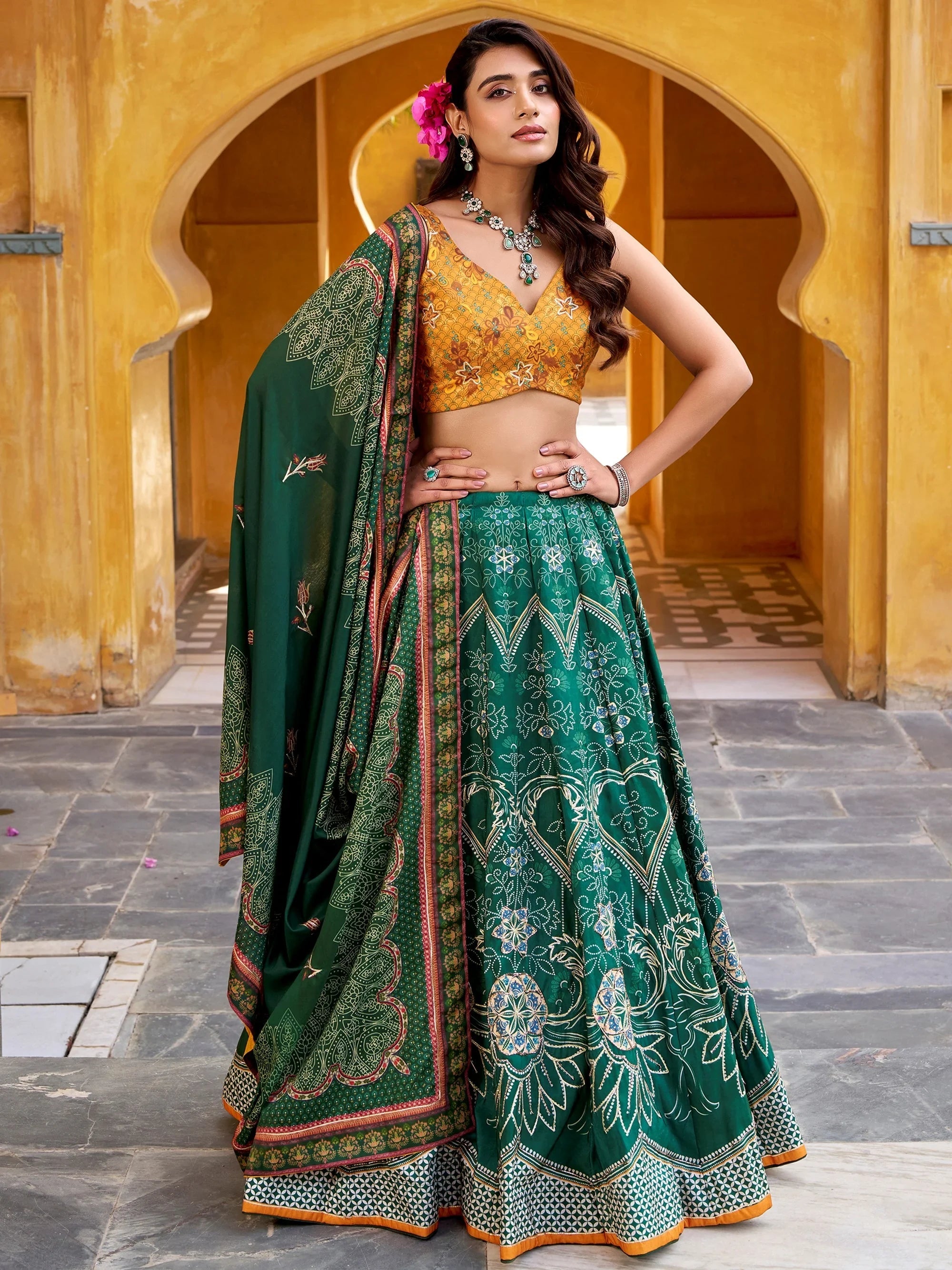 Bottle Green Stunning Digital Printed Silk Traditional Lehenga Choli