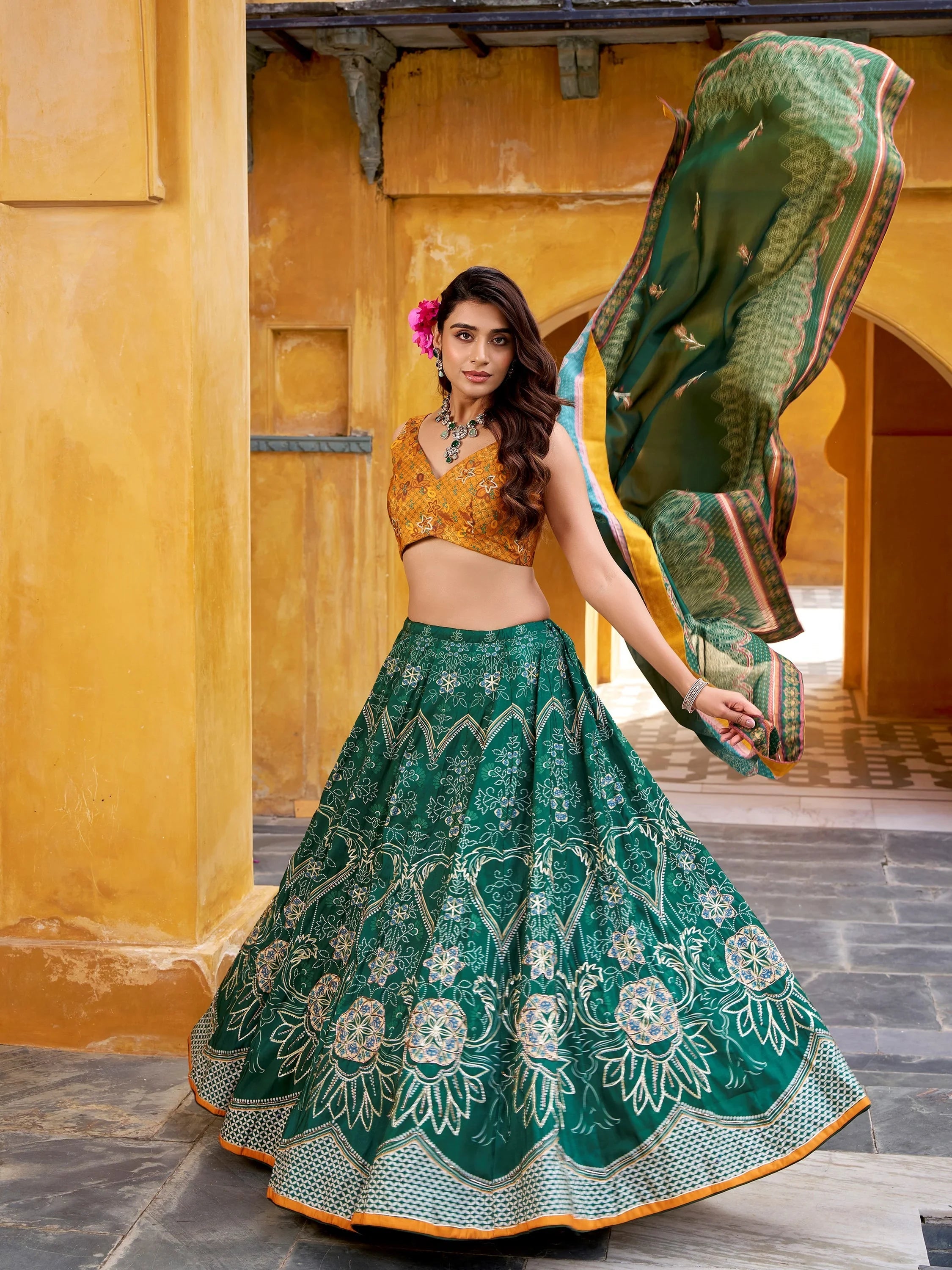 Bottle Green Stunning Digital Printed Silk Traditional Lehenga Choli
