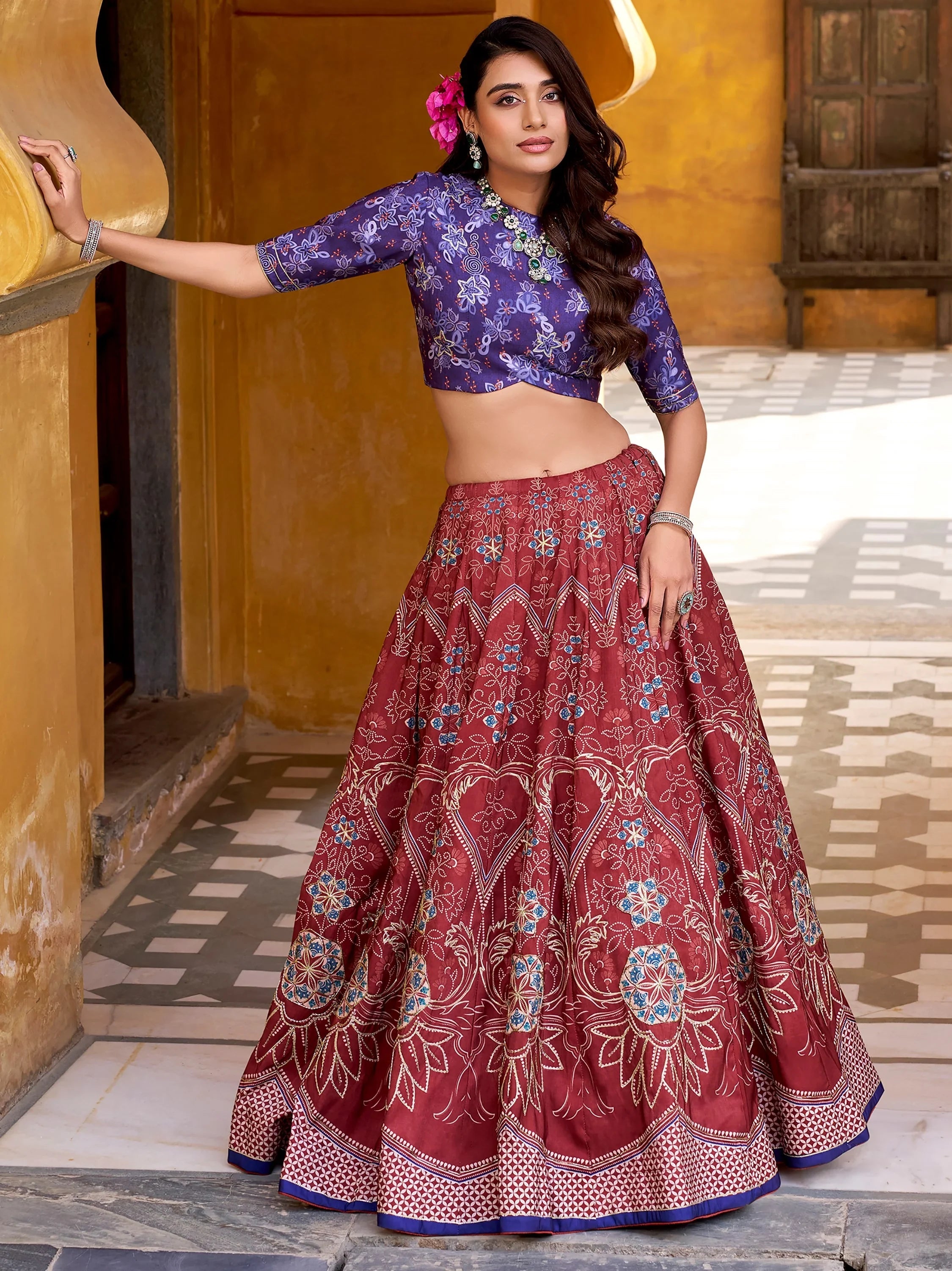 Maroon Stunning Digital Printed Silk Traditional Lehenga Choli