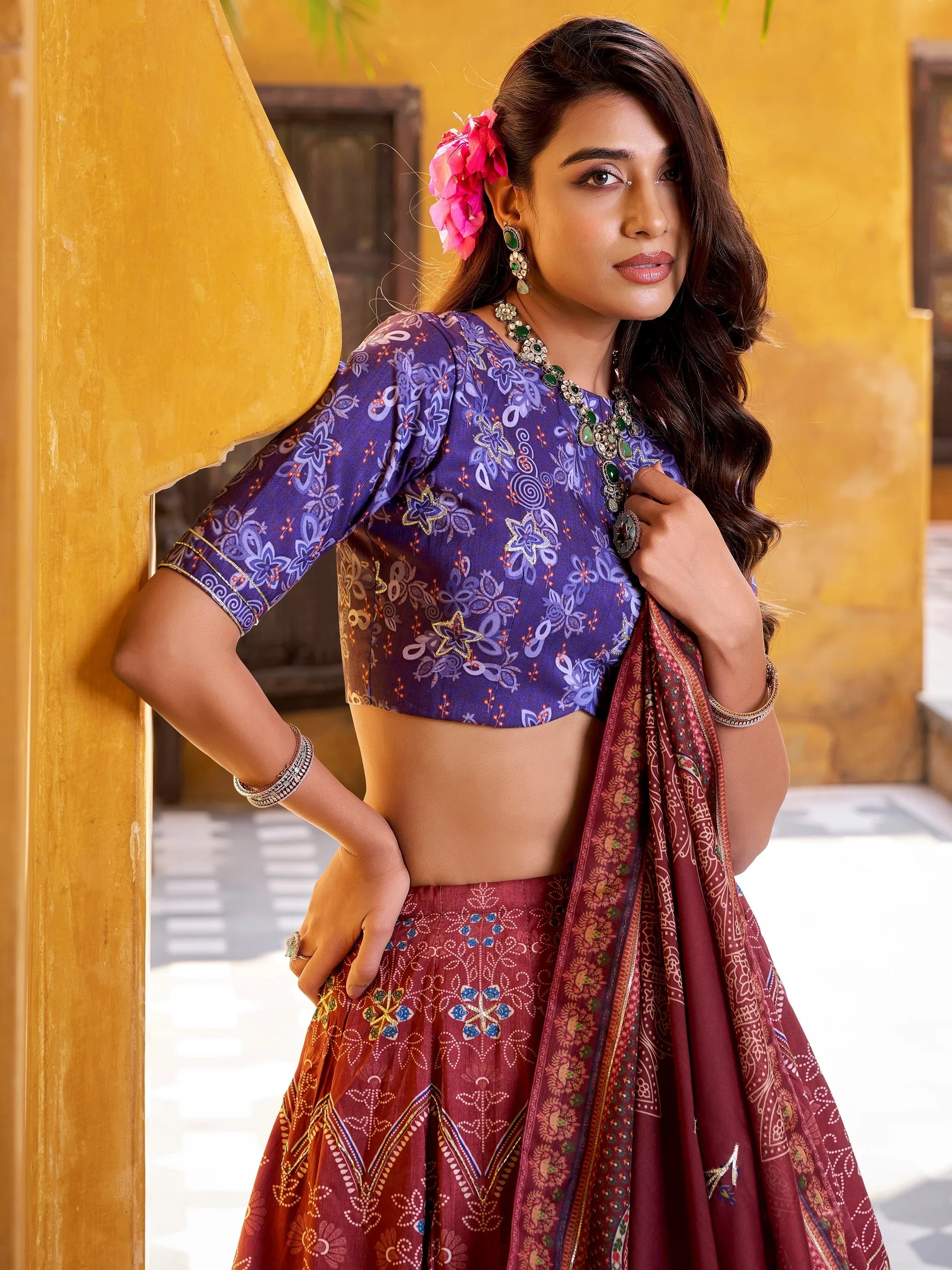 Maroon Stunning Digital Printed Silk Traditional Lehenga Choli