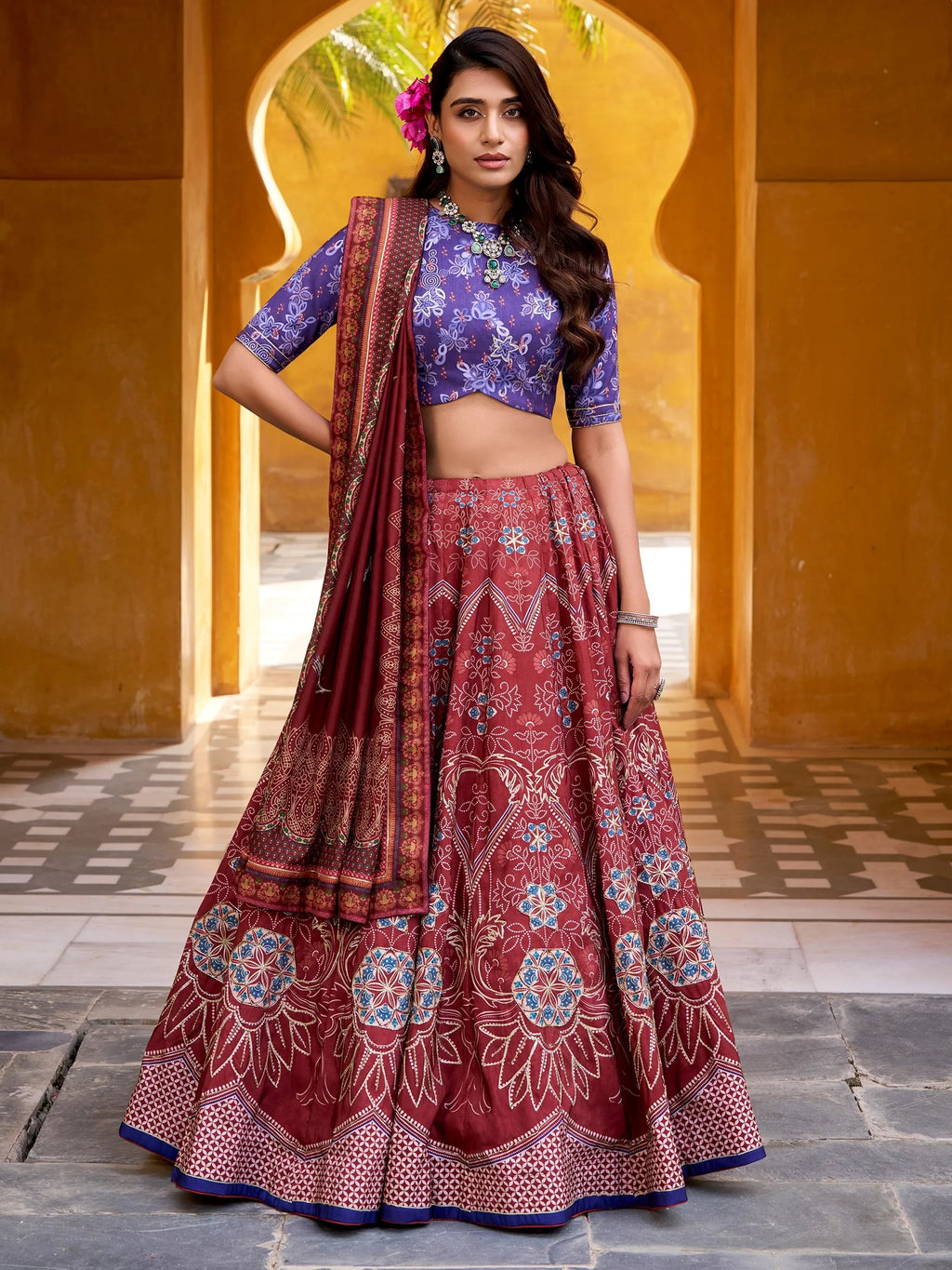Maroon Stunning Digital Printed Silk Traditional Lehenga Choli