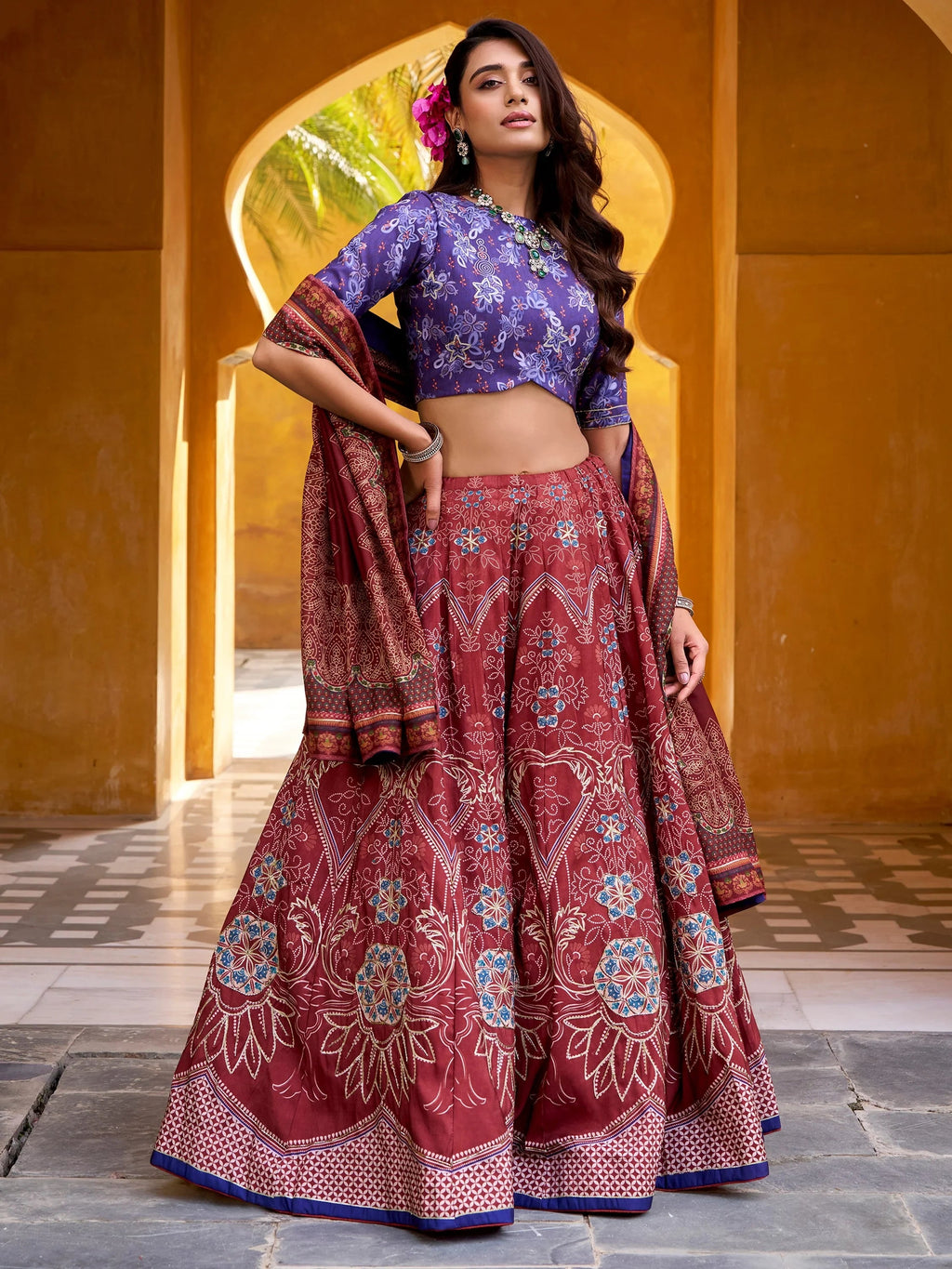 Maroon Stunning Digital Printed Silk Traditional Lehenga Choli