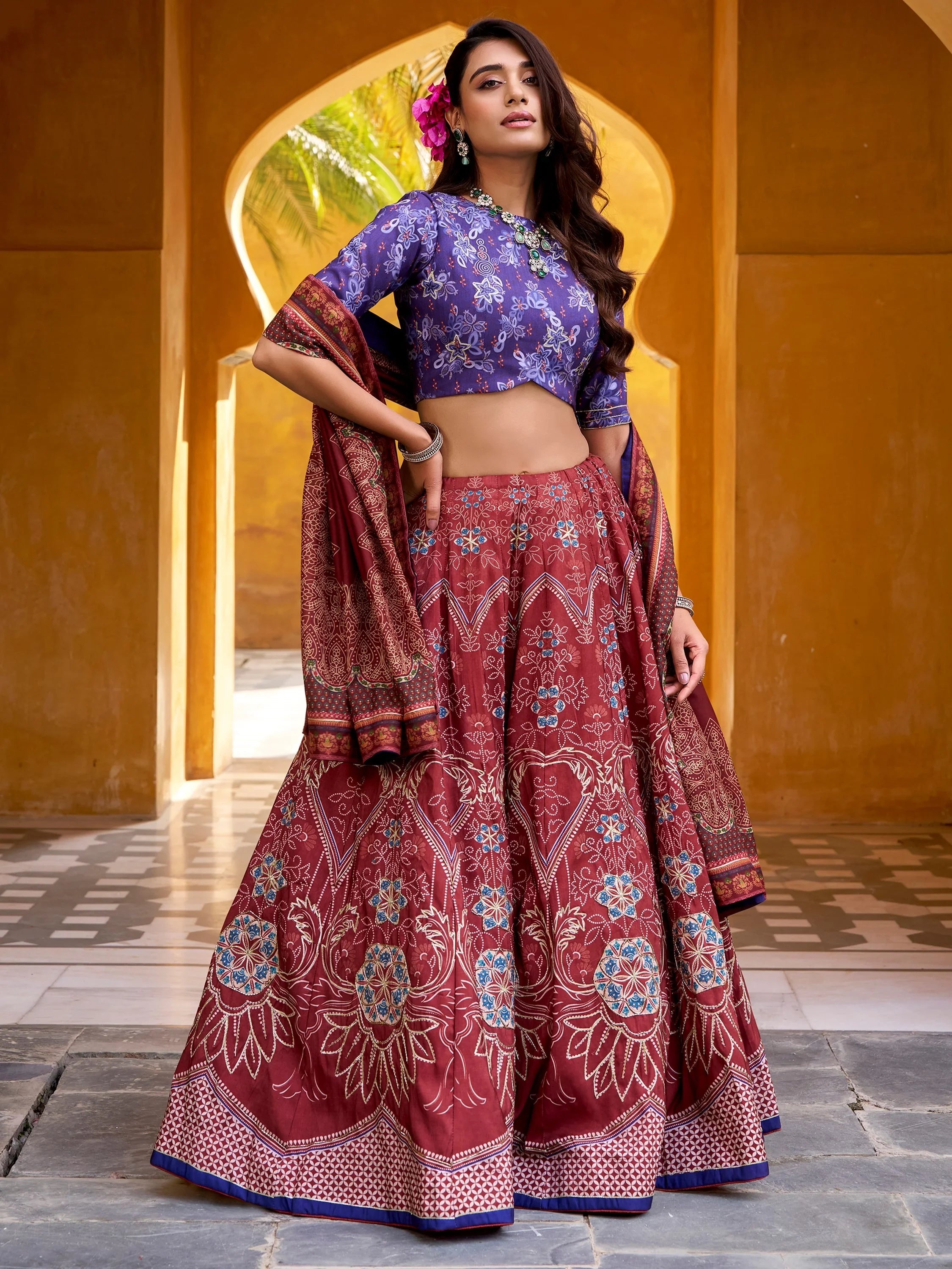Maroon Stunning Digital Printed Silk Traditional Lehenga Choli