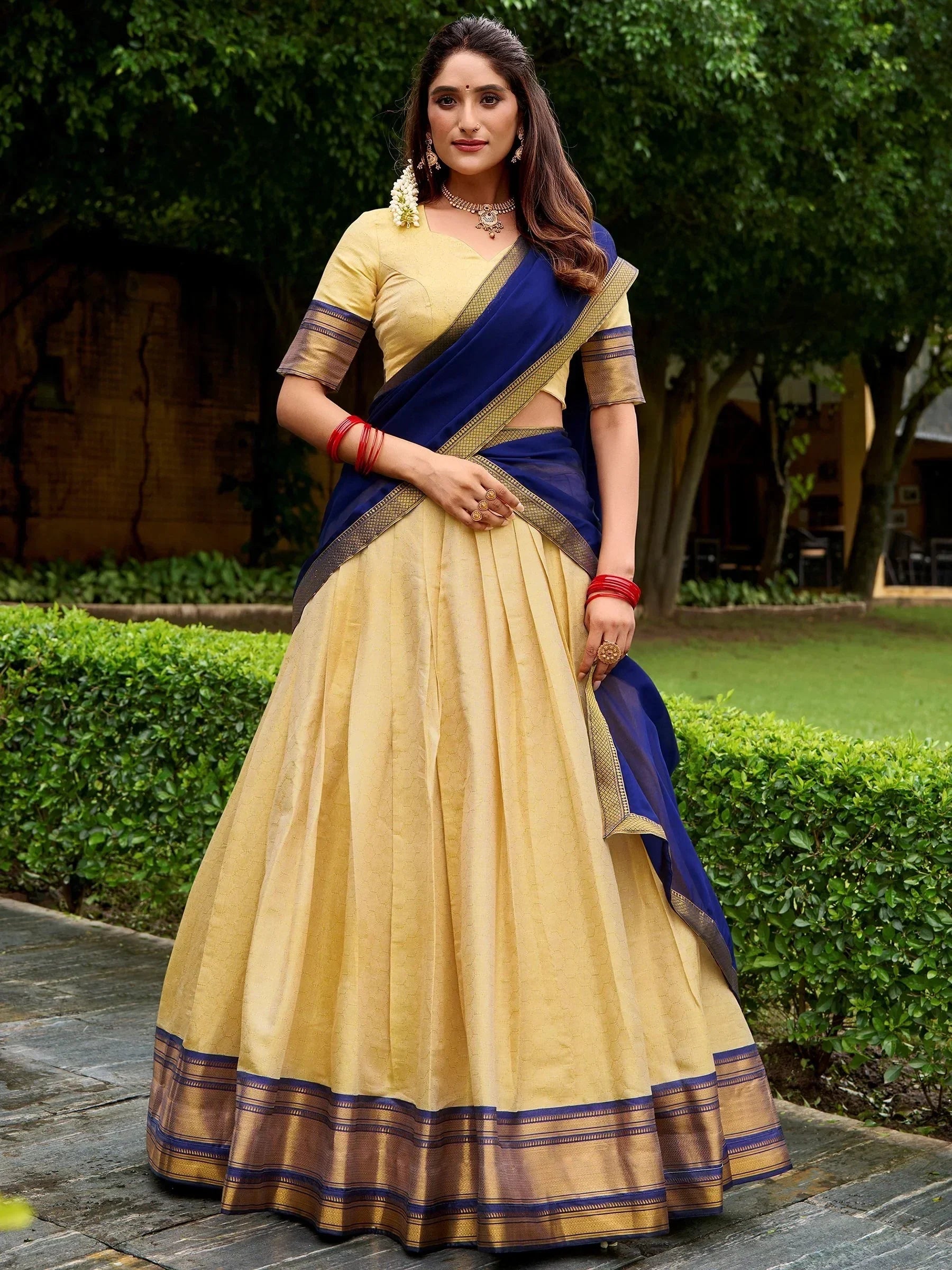 Attractive Beige Zari Weaving Kanjivaram Festival Wear Half Saree Lehenga