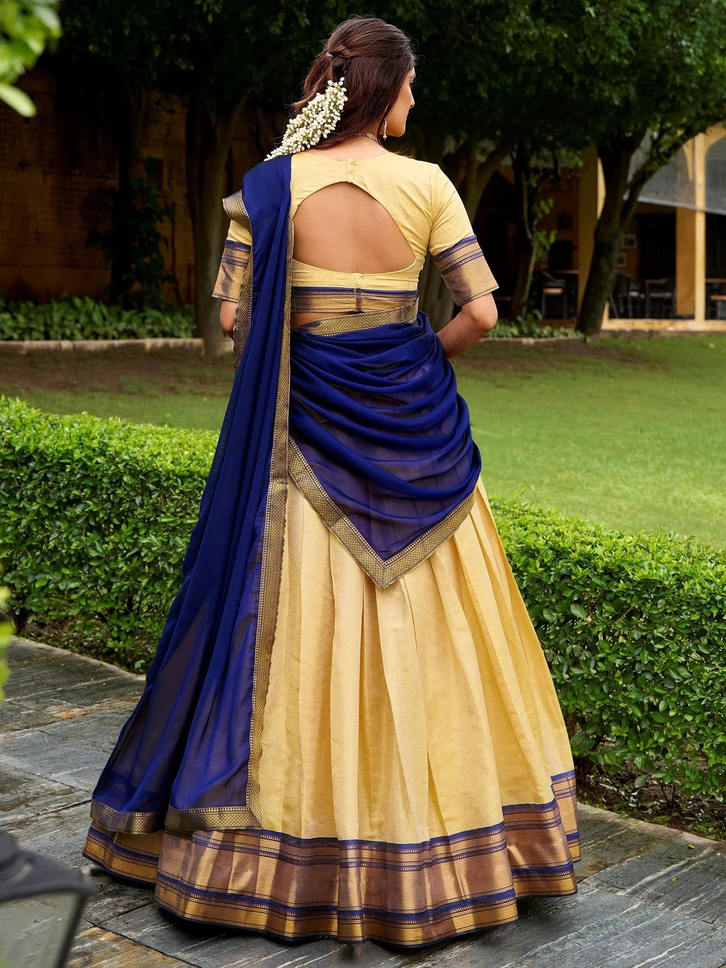 Attractive Beige Zari Weaving Kanjivaram Festival Wear Half Saree Lehenga