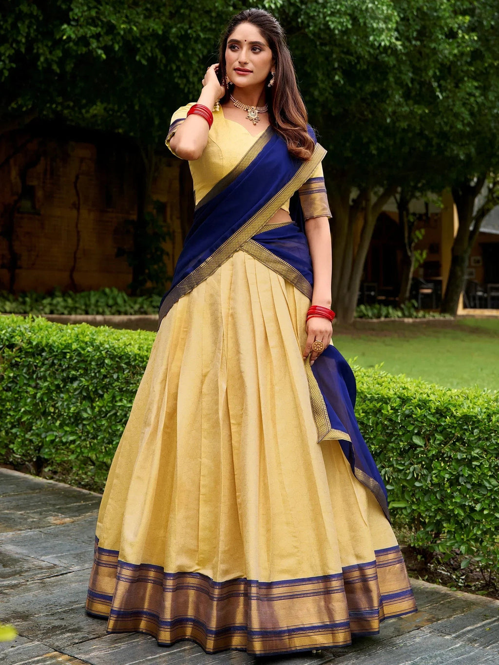 Attractive Beige Zari Weaving Kanjivaram Festival Wear Half Saree Lehenga
