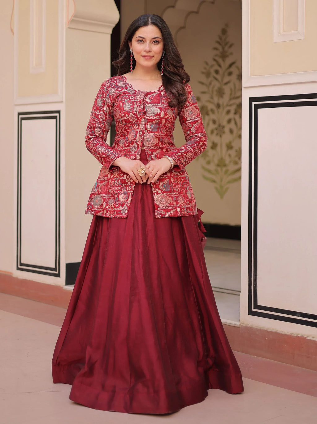 Maroon Adorable Silk Zari Weaving Bridesmaids Lehenga With Jacket