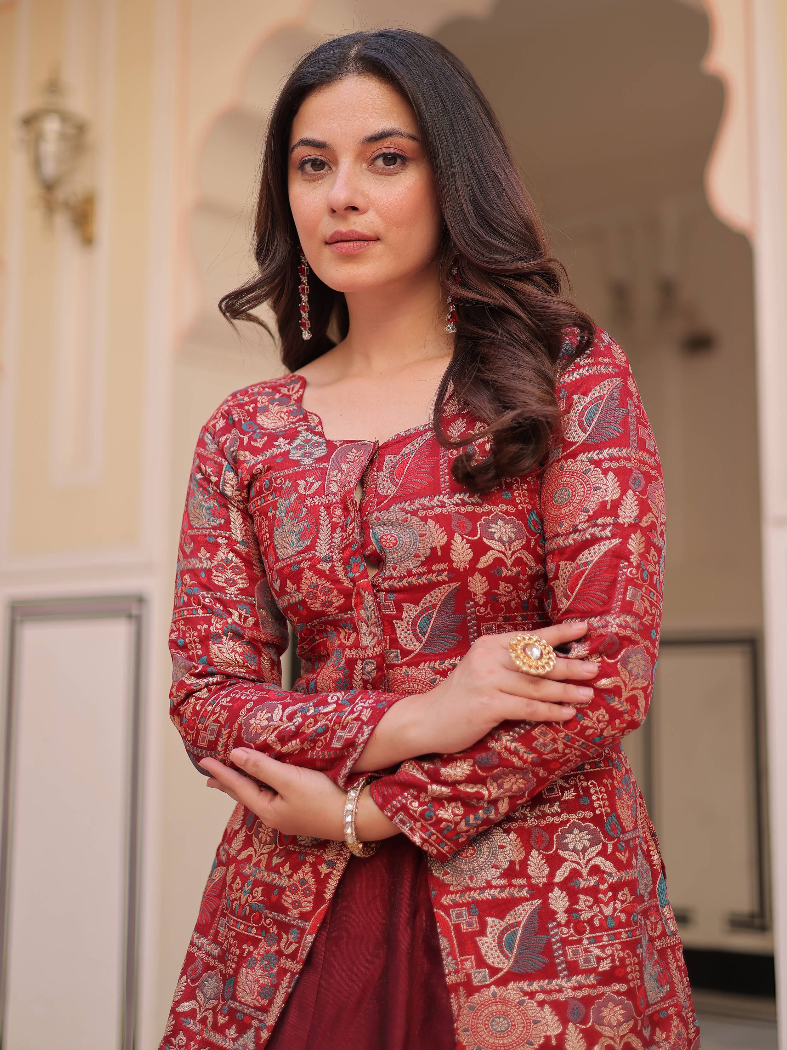 Maroon Adorable Silk Zari Weaving Bridesmaids Lehenga With Jacket