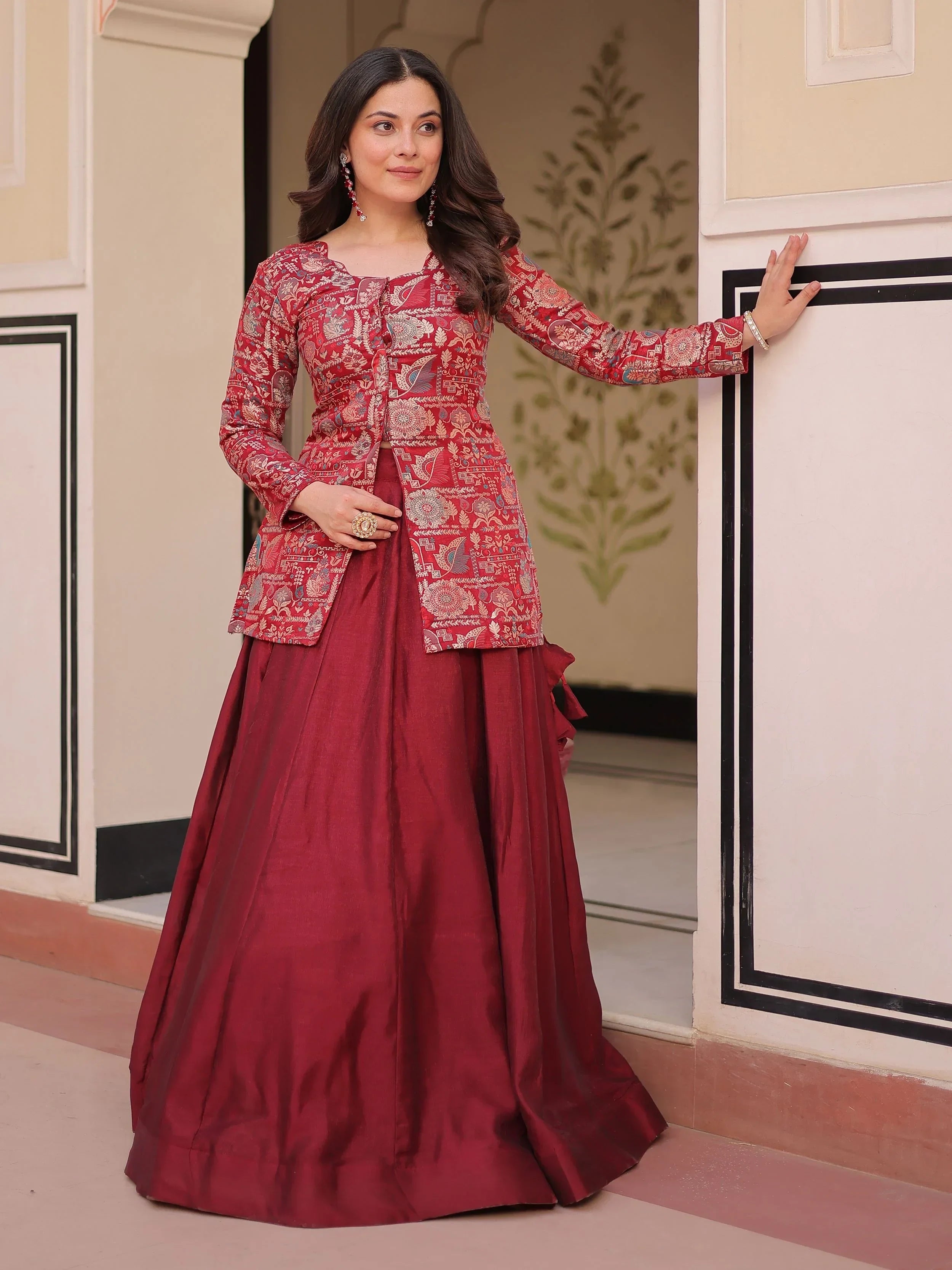 Maroon Adorable Silk Zari Weaving Bridesmaids Lehenga With Jacket