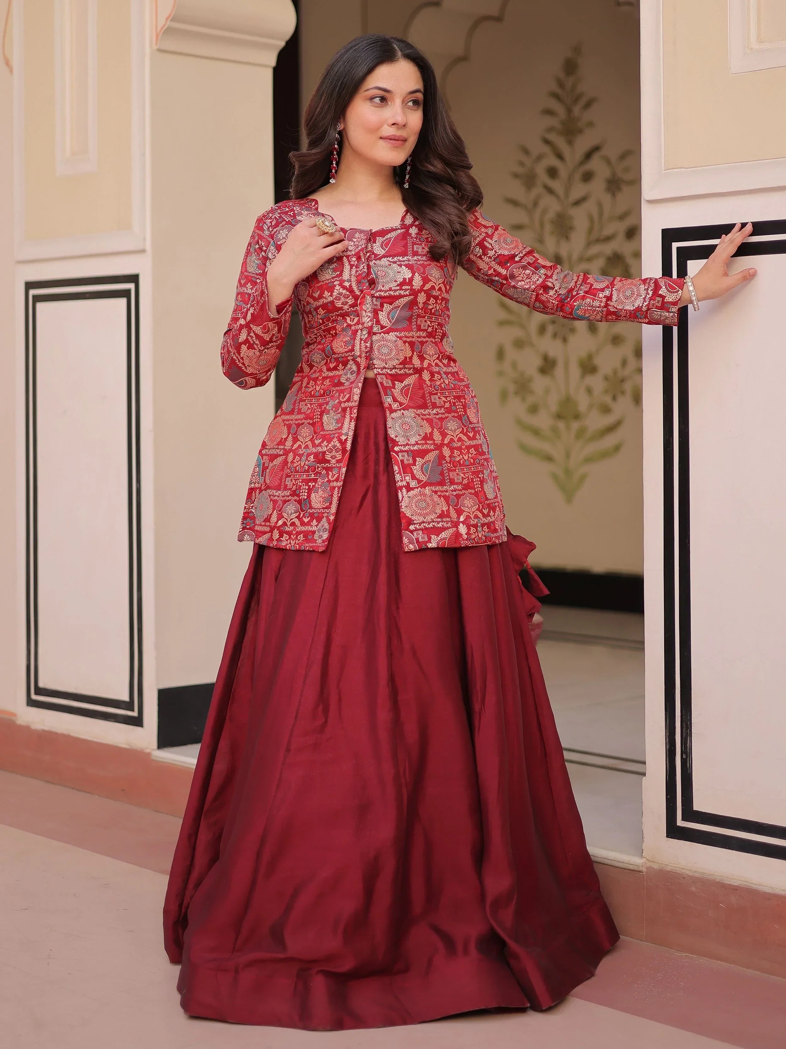Maroon Adorable Silk Zari Weaving Bridesmaids Lehenga With Jacket