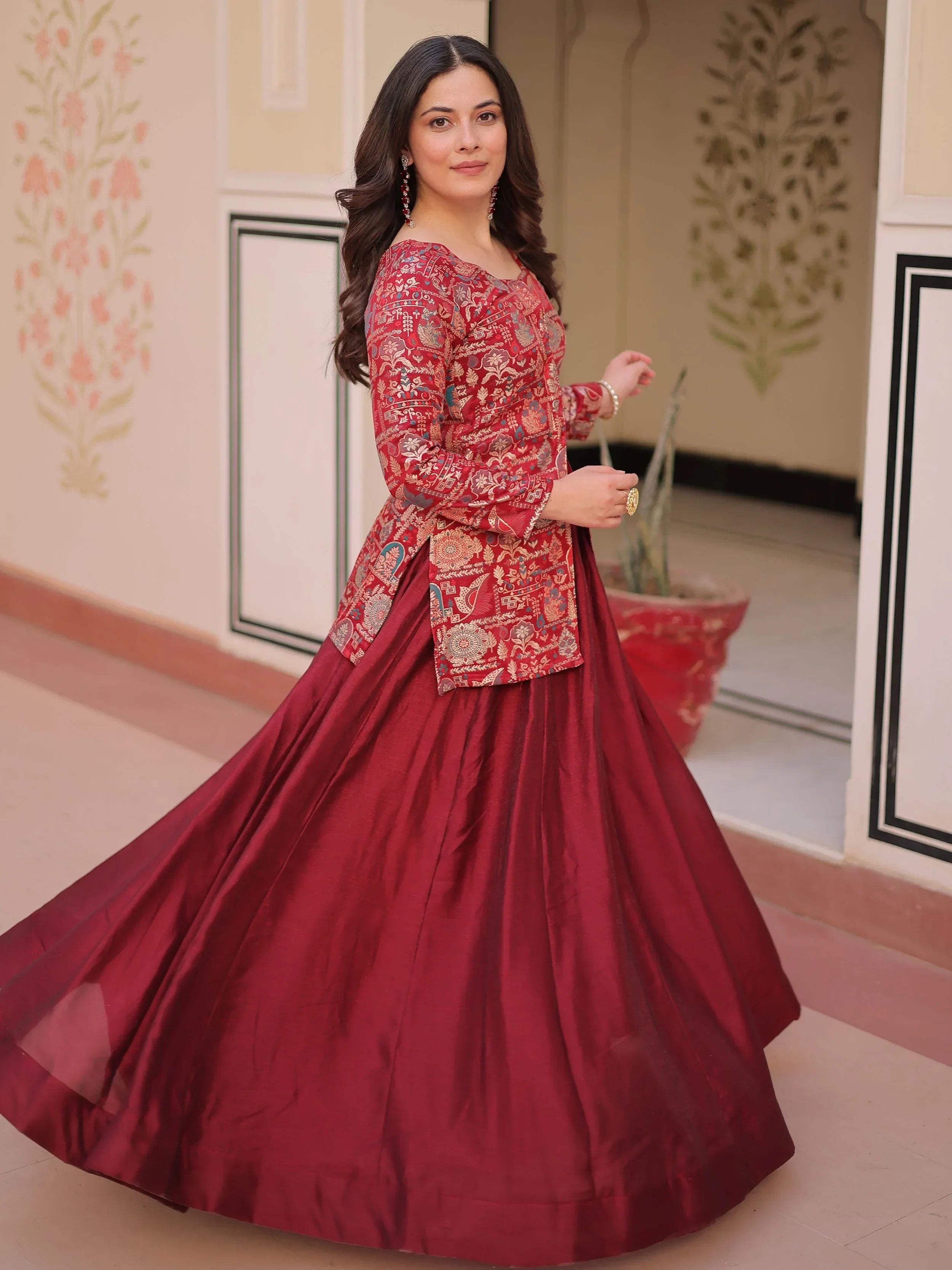 Maroon Adorable Silk Zari Weaving Bridesmaids Lehenga With Jacket