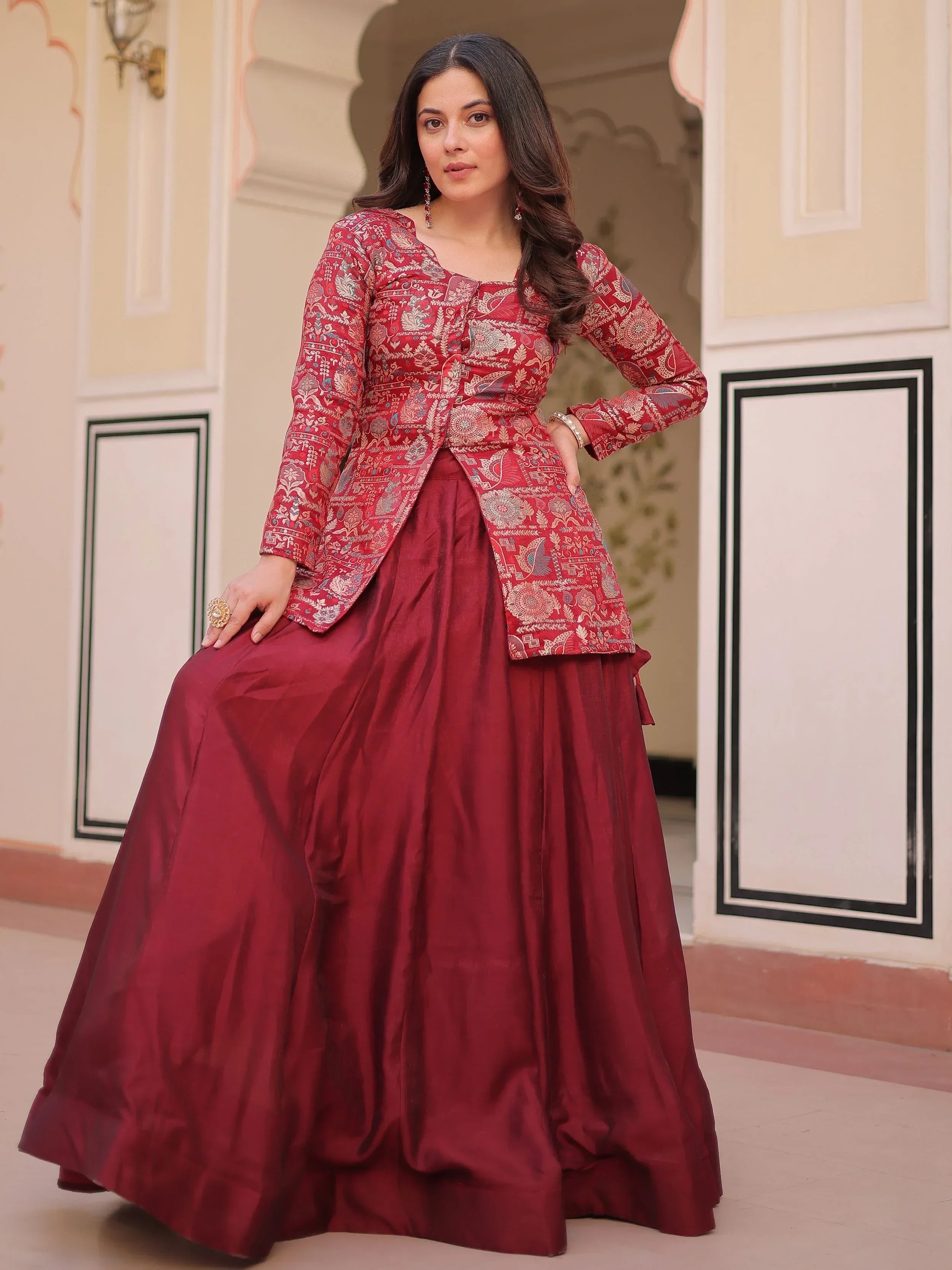 Maroon Adorable Silk Zari Weaving Bridesmaids Lehenga With Jacket