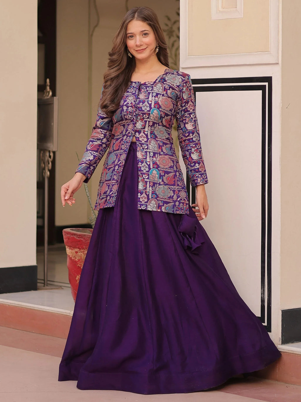 Purple Adorable Silk Zari Weaving Bridesmaids Lehenga With Jacket