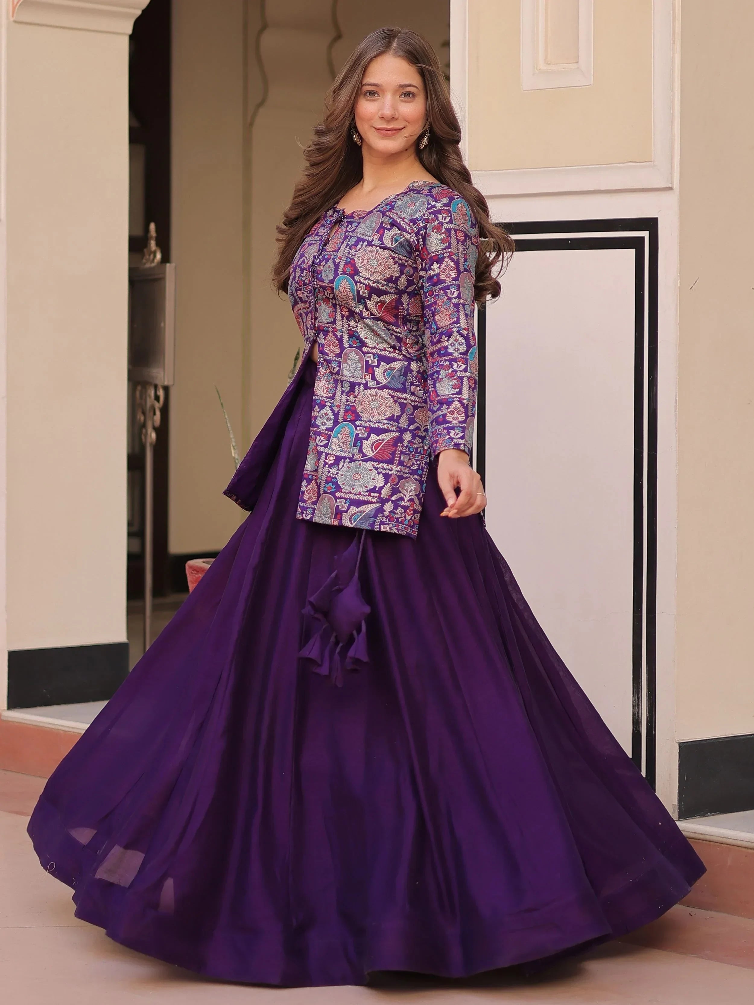 Purple Adorable Silk Zari Weaving Bridesmaids Lehenga With Jacket