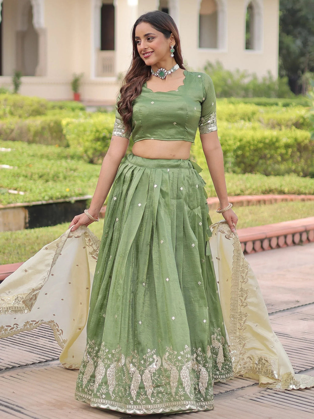 Green Adorable Zari Embroidered Crushed Wedding Wear Lehenga Choli