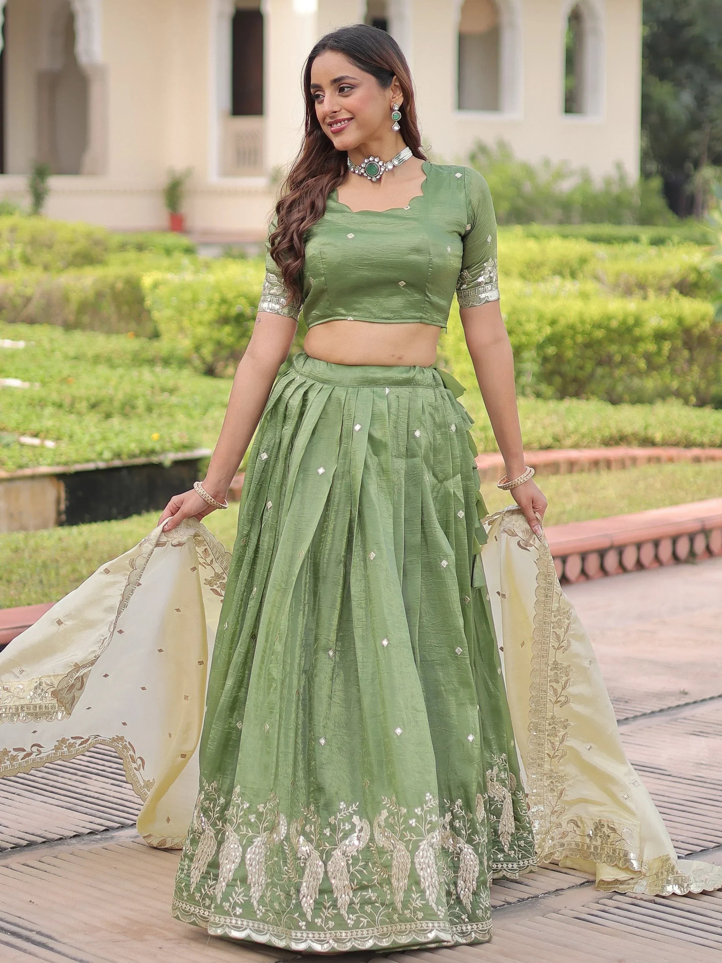 Green Adorable Zari Embroidered Crushed Wedding Wear Lehenga Choli