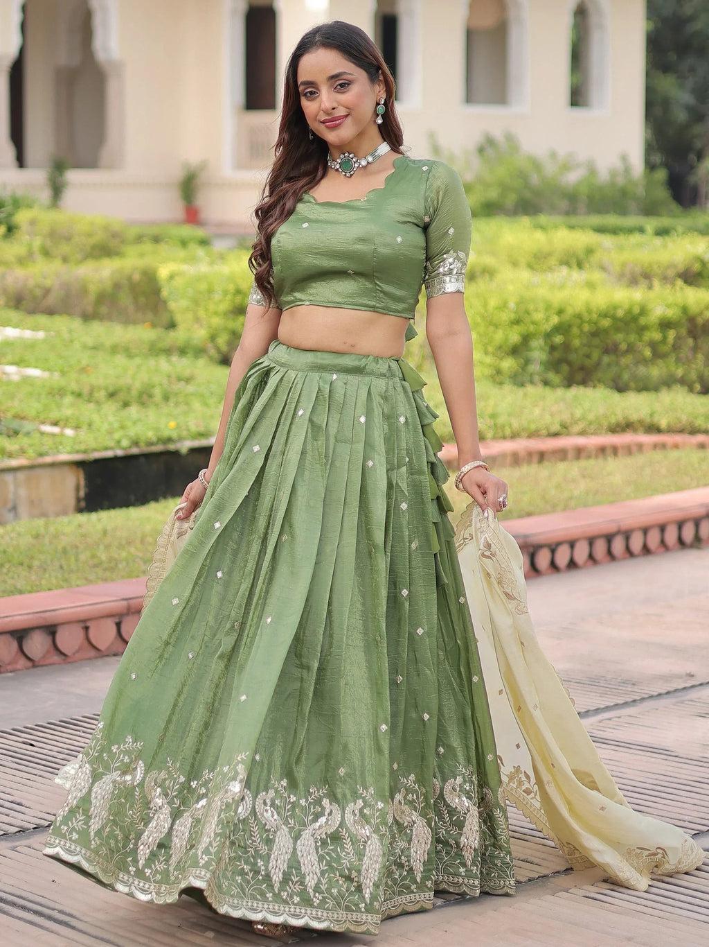 Green Adorable Zari Embroidered Crushed Wedding Wear Lehenga Choli