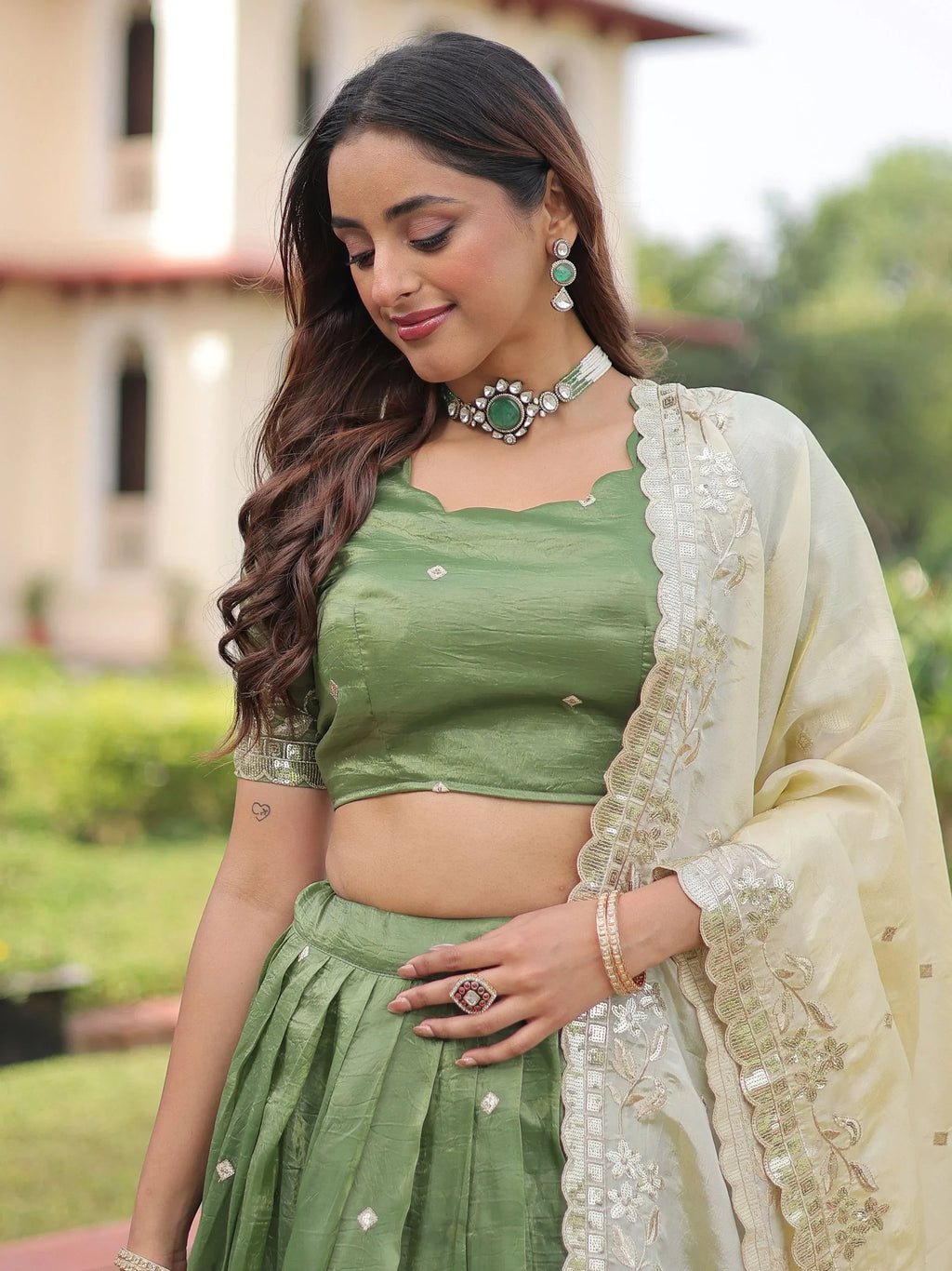 Green Adorable Zari Embroidered Crushed Wedding Wear Lehenga Choli