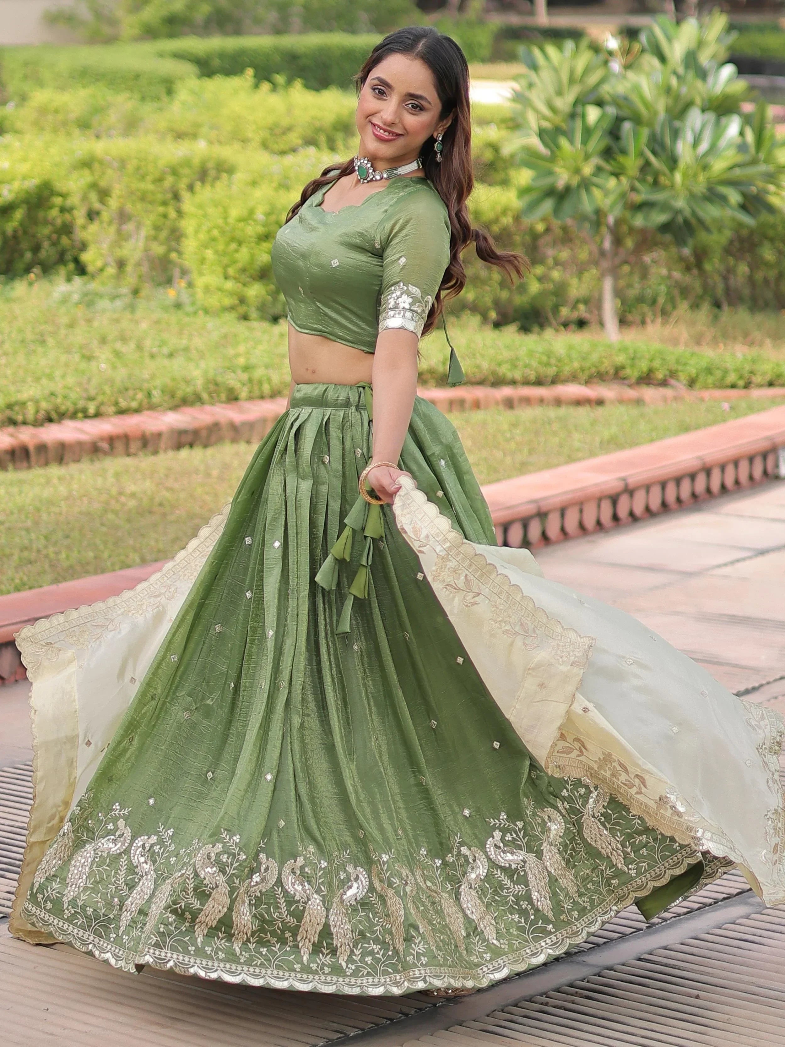 Green Adorable Zari Embroidered Crushed Wedding Wear Lehenga Choli