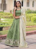 Green Adorable Zari Embroidered Crushed Wedding Wear Lehenga Choli