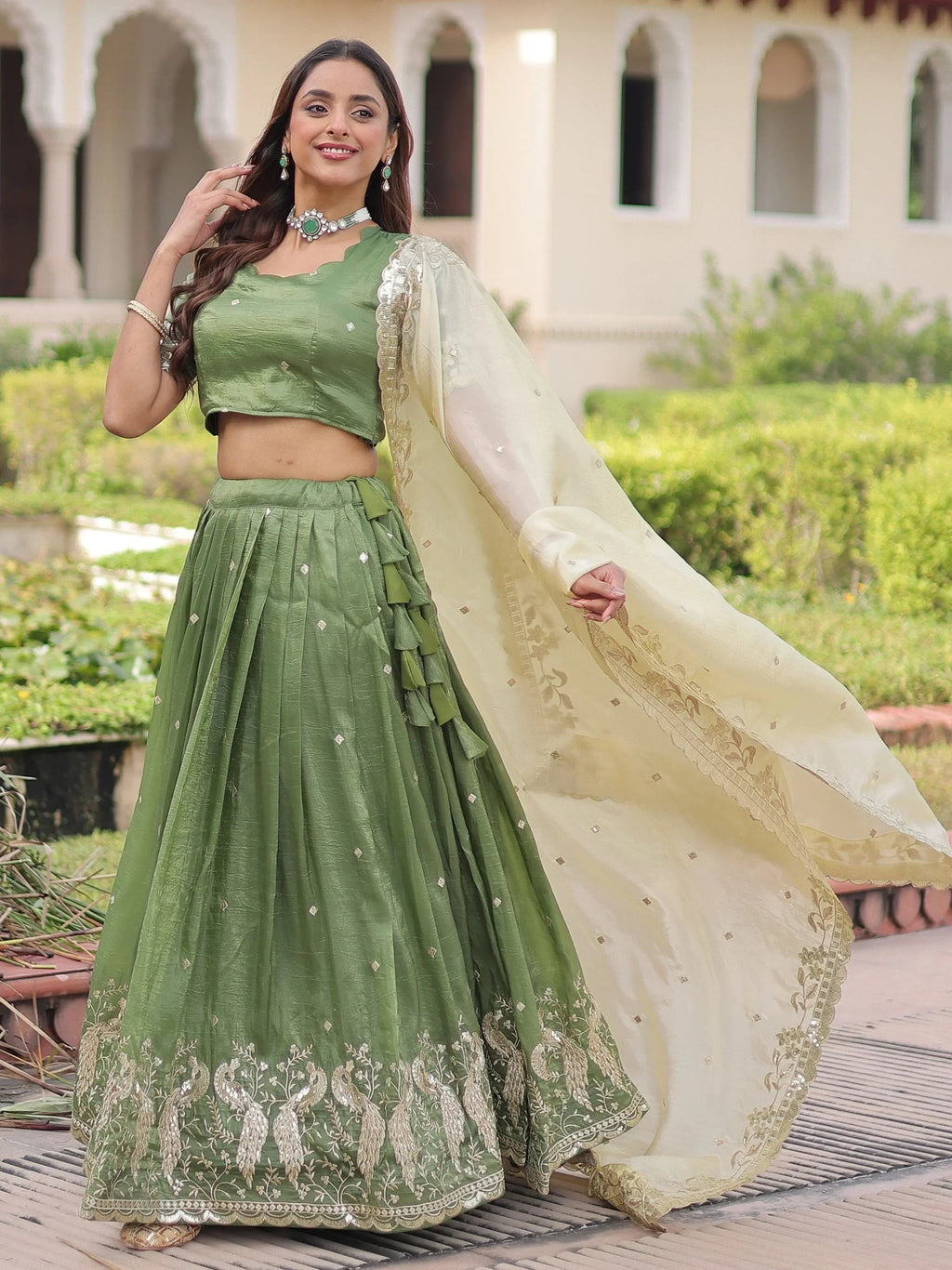 Green Adorable Zari Embroidered Crushed Wedding Wear Lehenga Choli