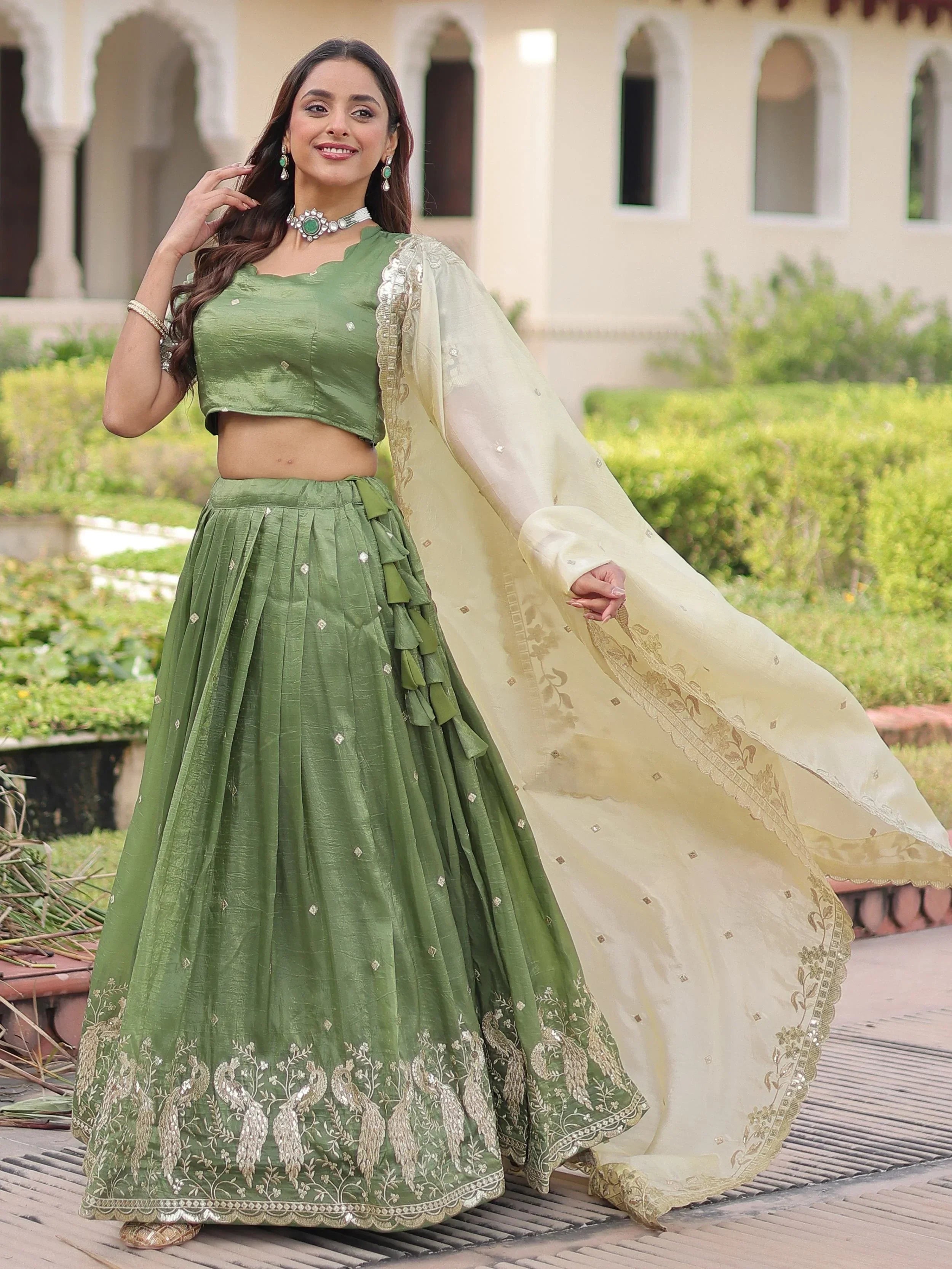 Green Adorable Zari Embroidered Crushed Wedding Wear Lehenga Choli