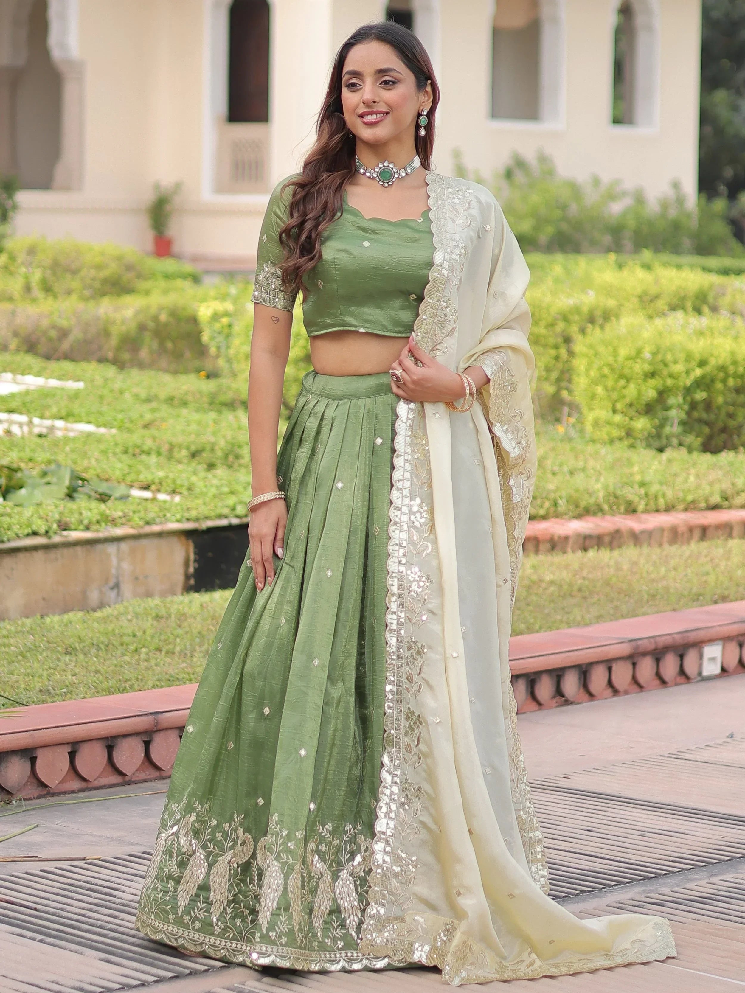 Green Adorable Zari Embroidered Crushed Wedding Wear Lehenga Choli