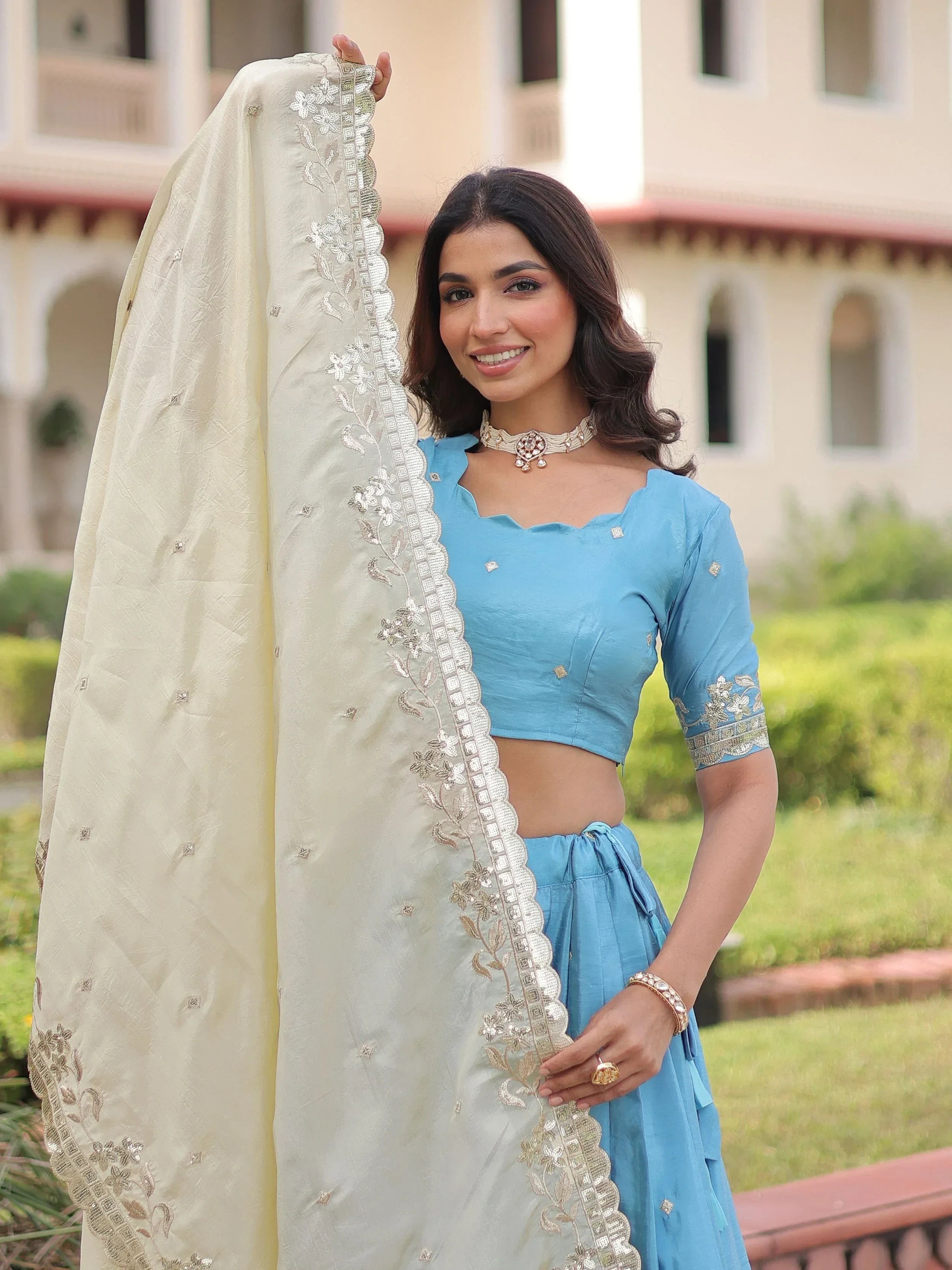 Sky Blue Adorable Zari Embroidered Crushed Wedding Wear Lehenga Choli