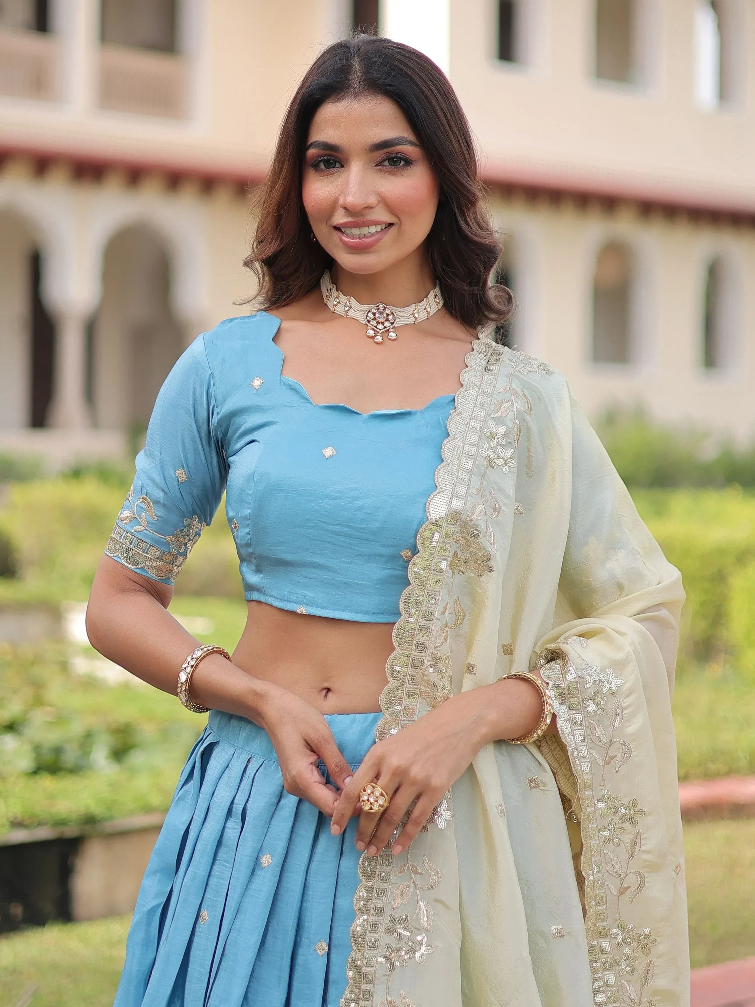Sky Blue Adorable Zari Embroidered Crushed Wedding Wear Lehenga Choli